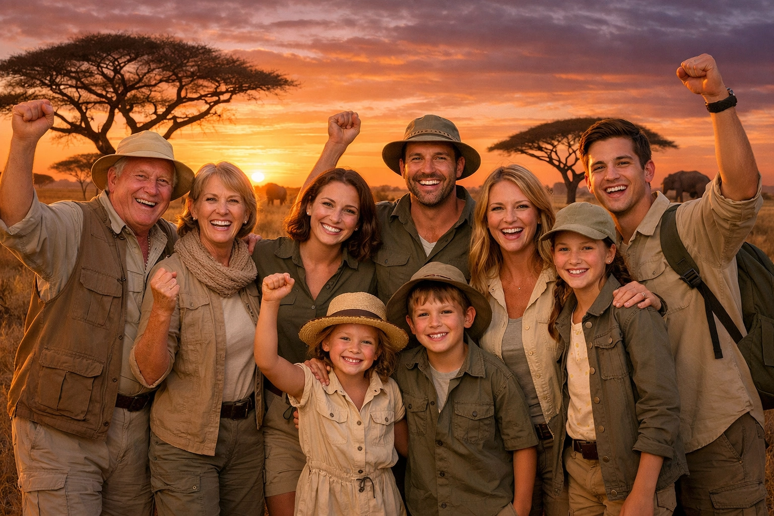 Multi-generational family on African safari celebrating milestone birthday at sunset