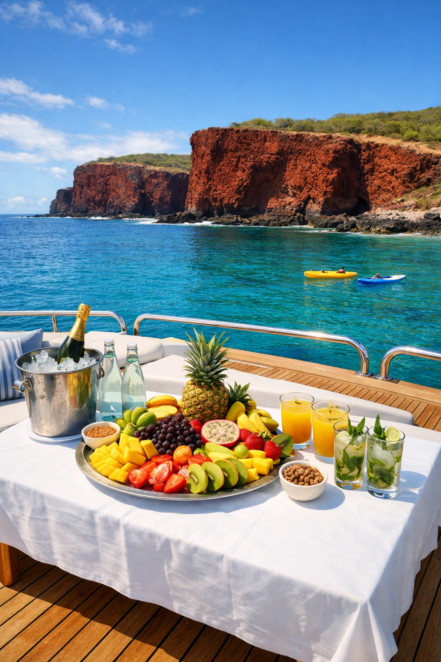 Private luxury yacht anchored in the turquoise waters of Manele Bay, Lanai, with a fruit spread on deck.