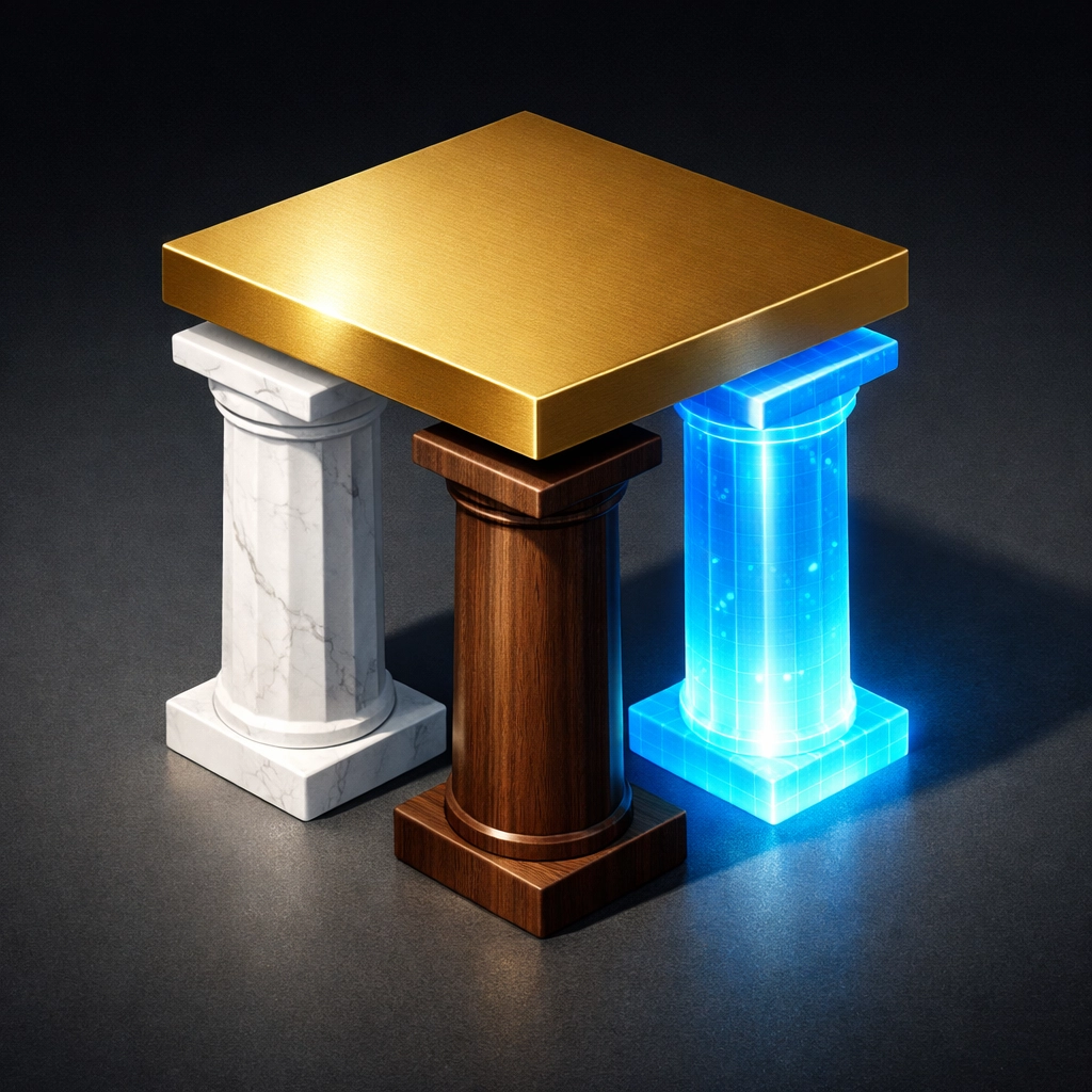 Balanced investment portfolio supported by three pillars for modern asset management diversification.