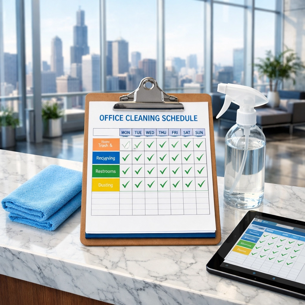 Office cleaning schedule clipboard with supplies on marble desk in Chicago property lobby