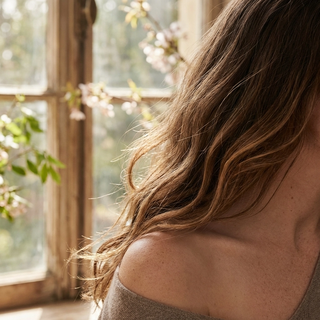 Κοντινή φωτογραφία γυναικείων μαλλιών με φυσικές ανταύγειες άνοιξης και απαλή υφή, ιδανική επιλογή για tape-in extensions.