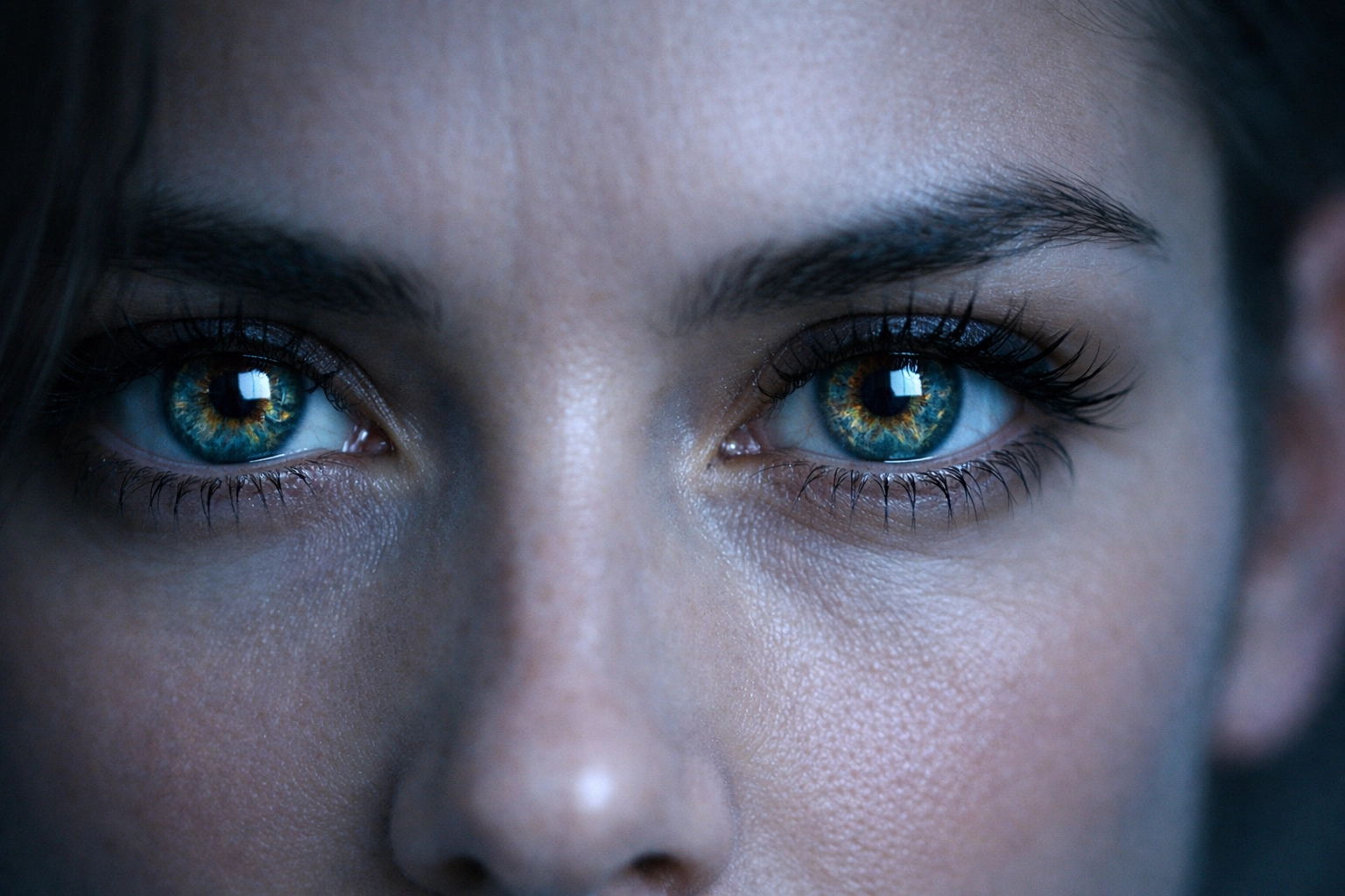 A cinematic close-up of a person's eyes showing sharp focus and detail in the iris.