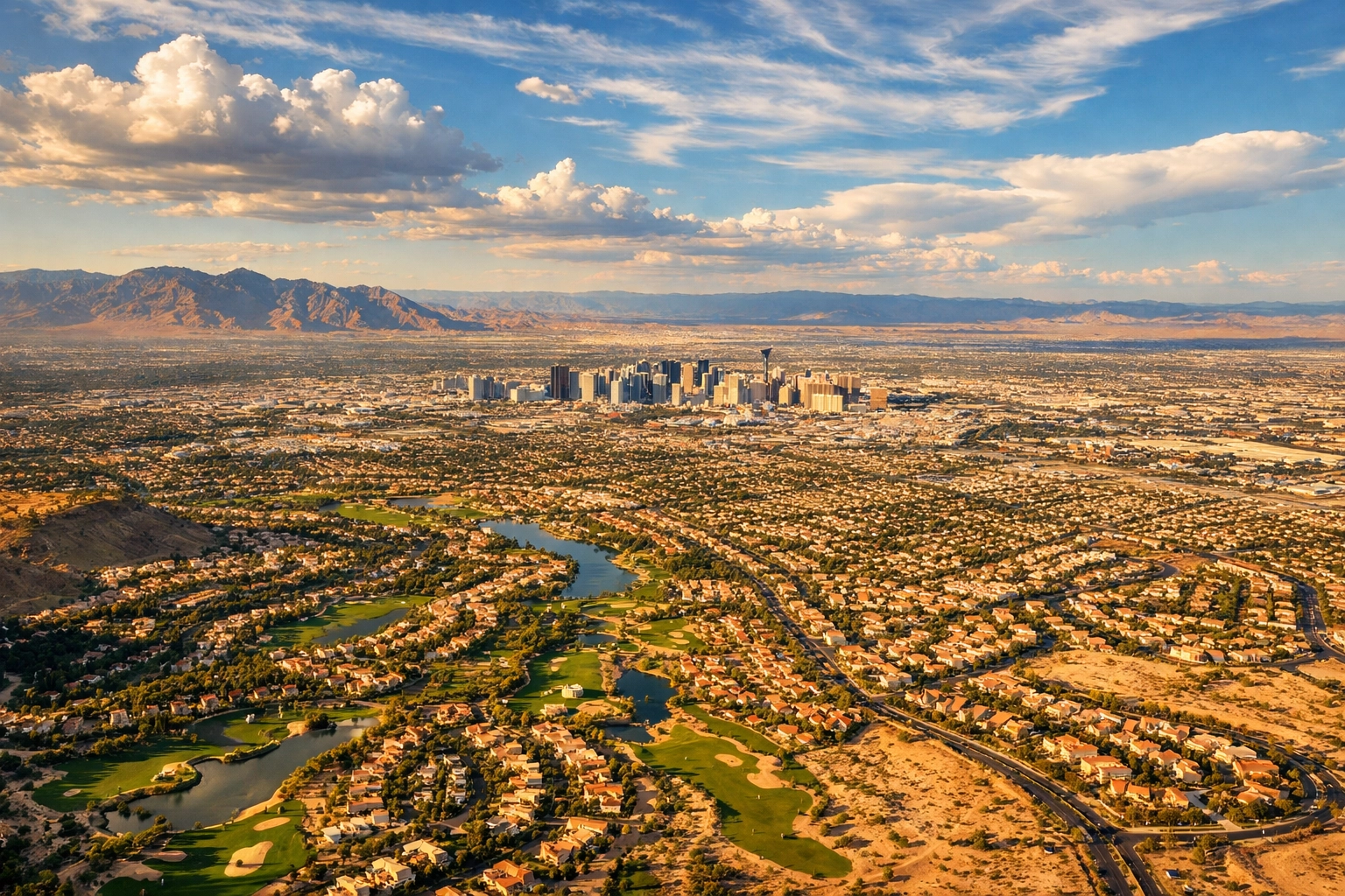 Aerial view of Las Vegas Valley showing Henderson, Summerlin, and North Las Vegas neighborhoods