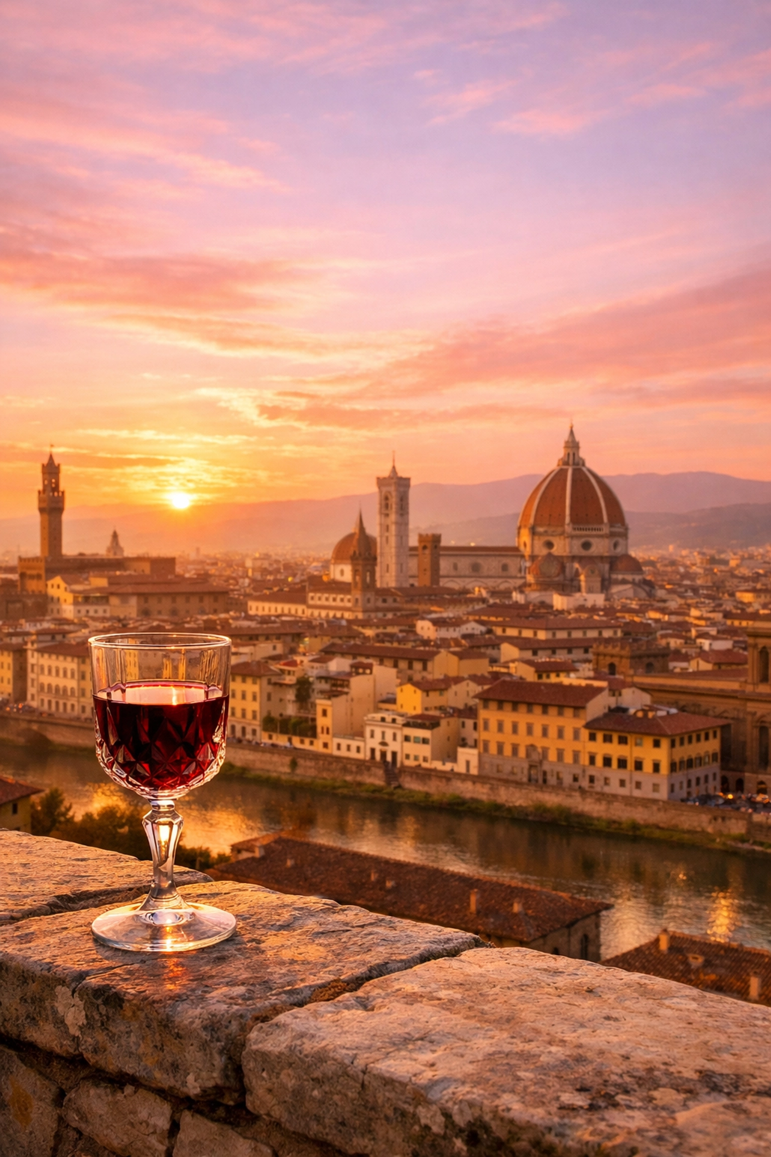 Glass of red wine on a terrace overlooking the Florence skyline and Duomo at sunset during a luxury European tour.