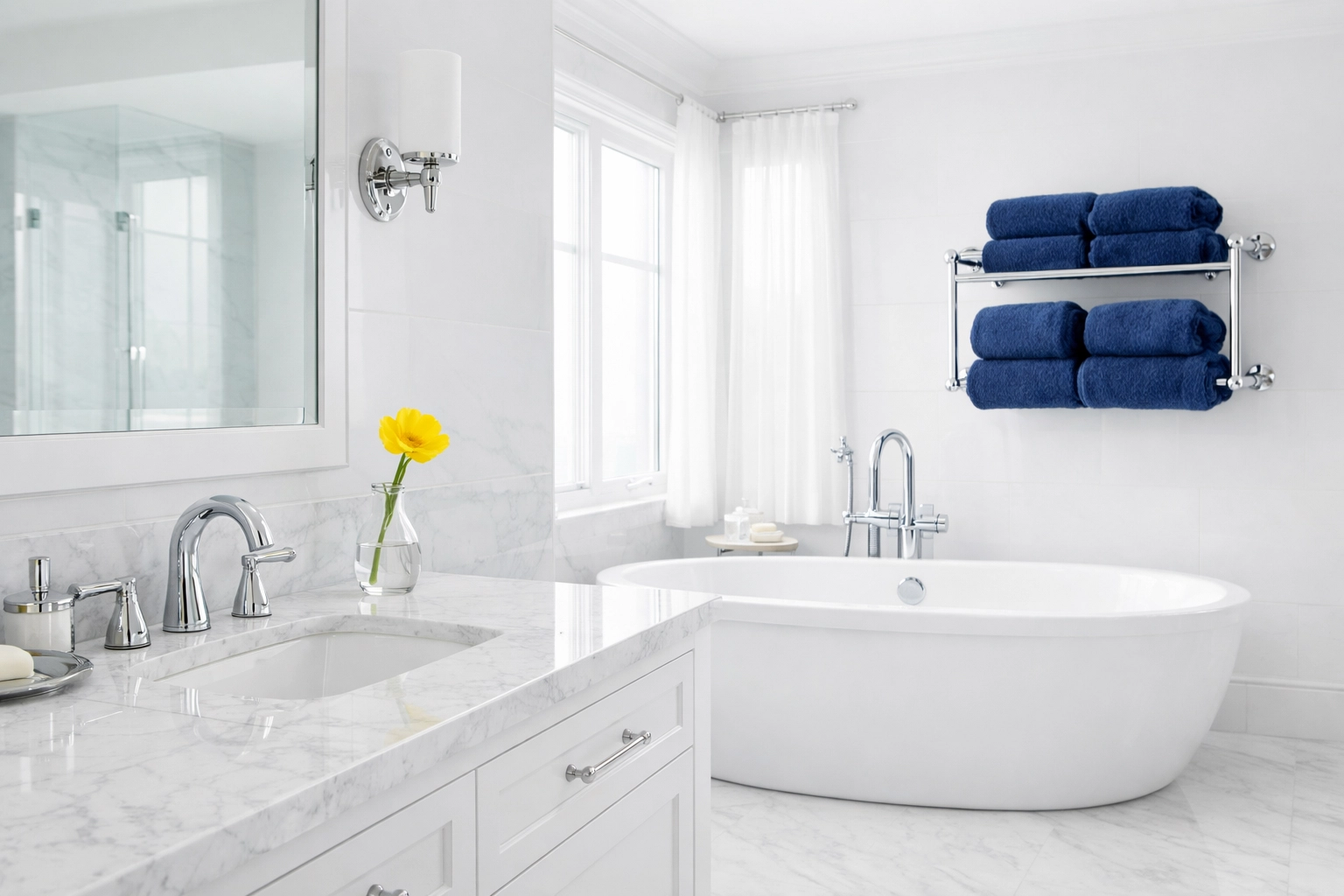 Sanitized luxury master bathroom with marble counters, part of a high-end Sudbury residential cleaning service.