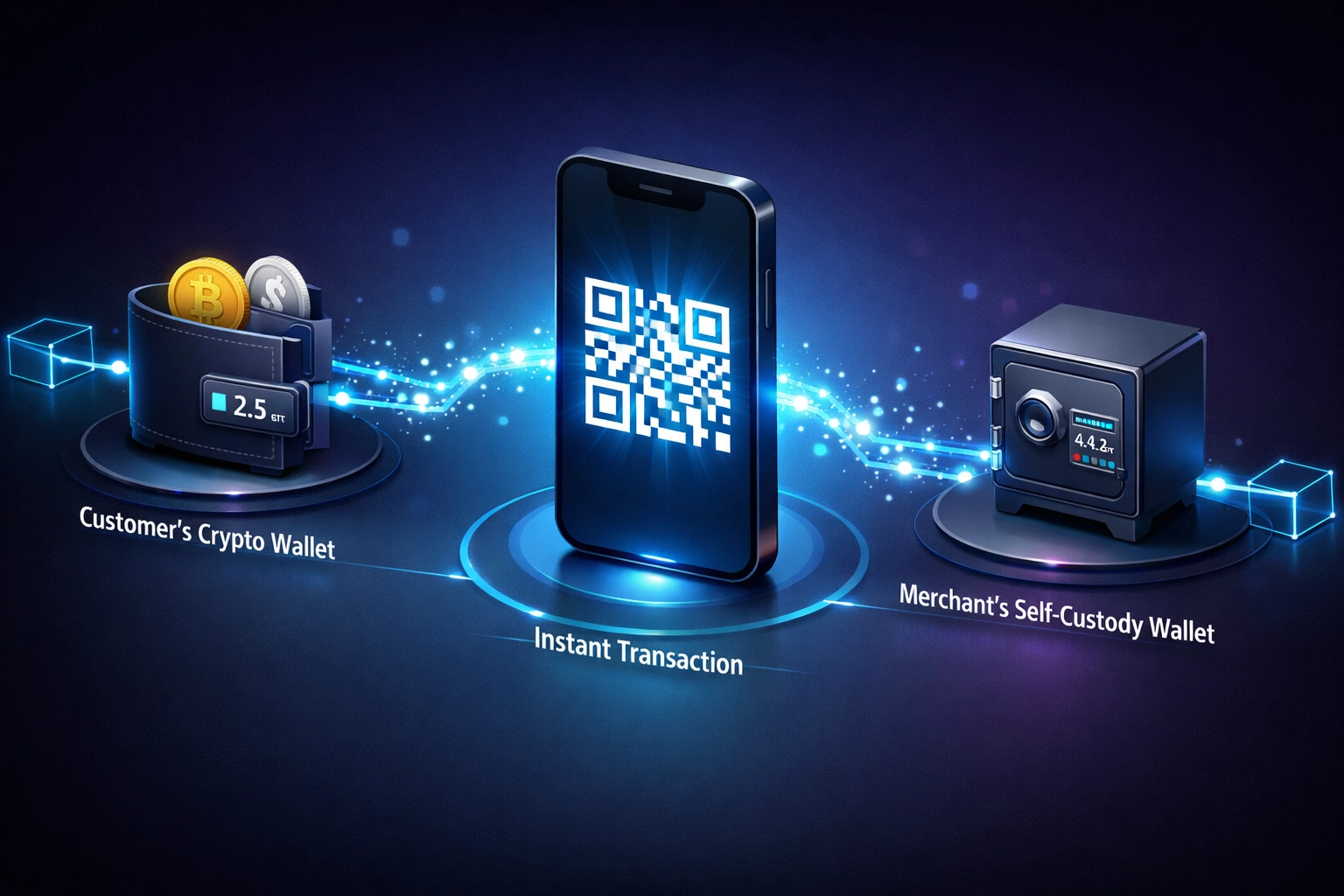 Crypto payment flow diagram with QR code connecting customer wallet to merchant self-custody account