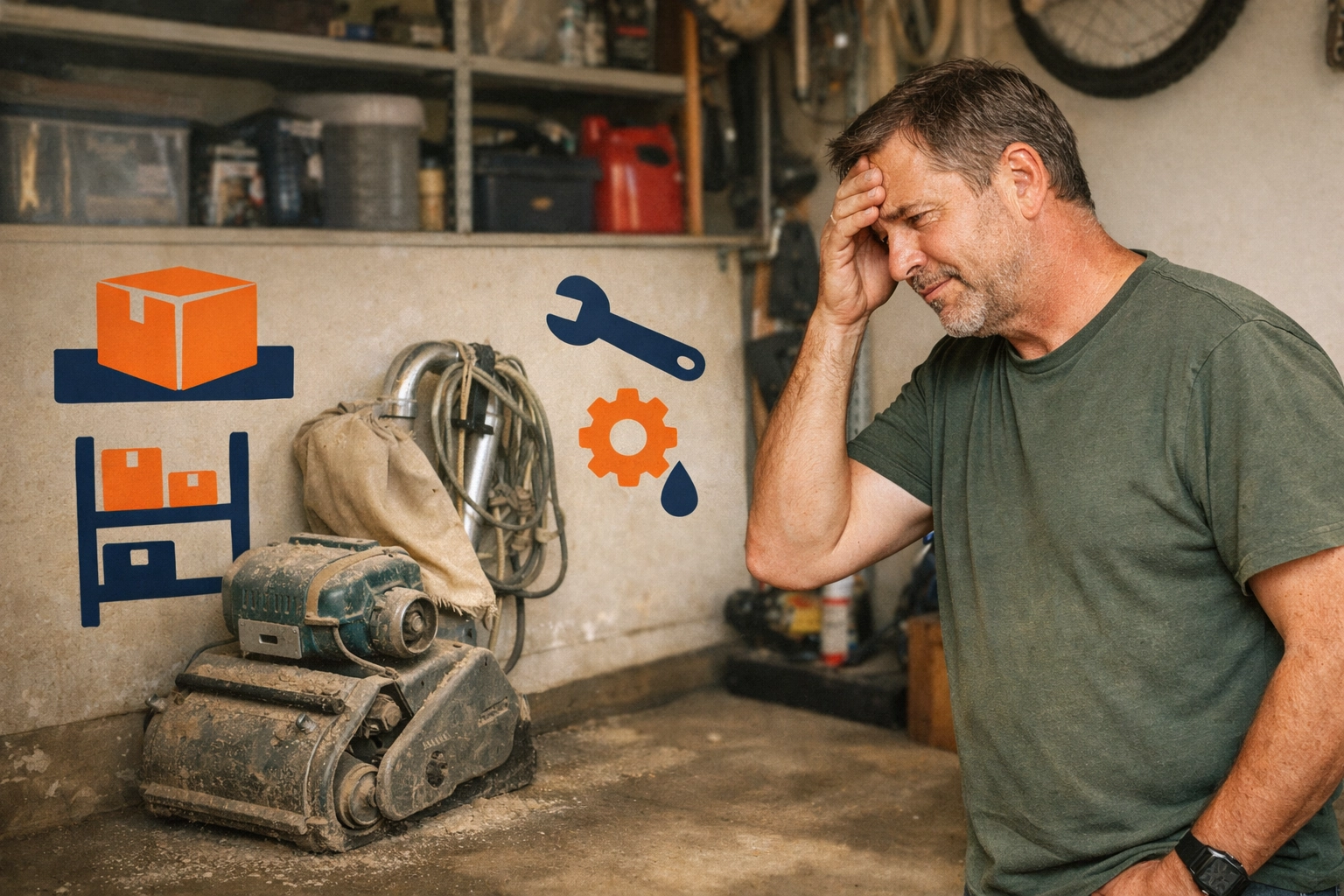 Homeowner looking at a dusty floor sander in a garage, representing the hidden costs of tool ownership.