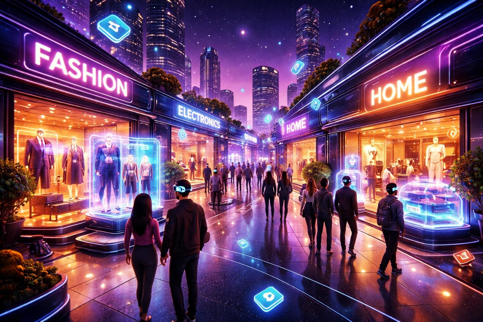 Vibrant metaverse shopping district with avatars, virtual storefronts, and seamless crypto payments by Larecoin.