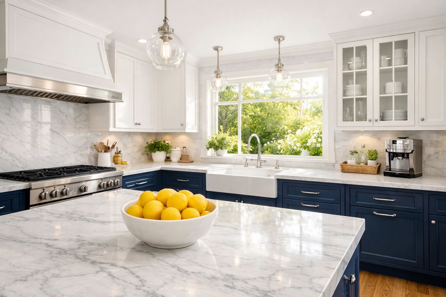 Bright luxury Concord kitchen with marble countertops showcasing a clean, chemical-free home environment.