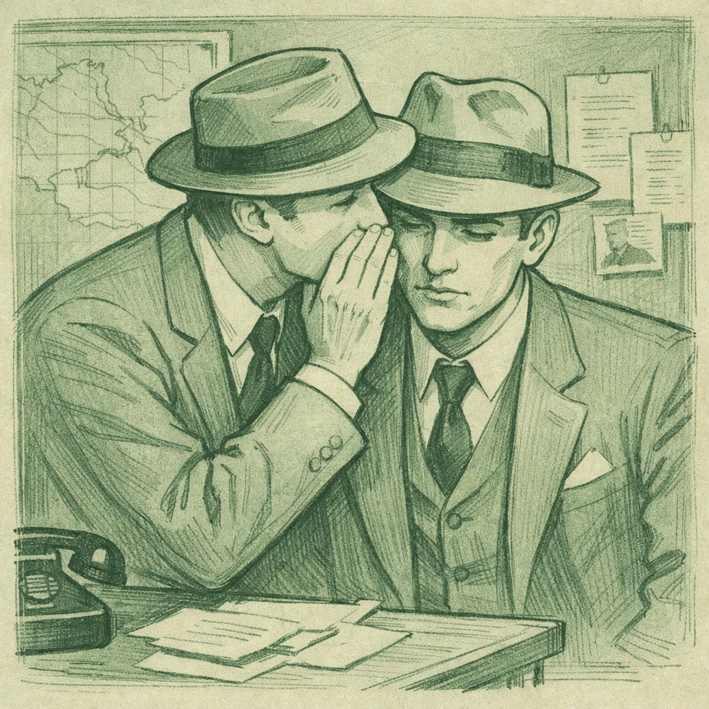 Gay spy thriller romance: two men share intimate moment in 1940s political intrigue