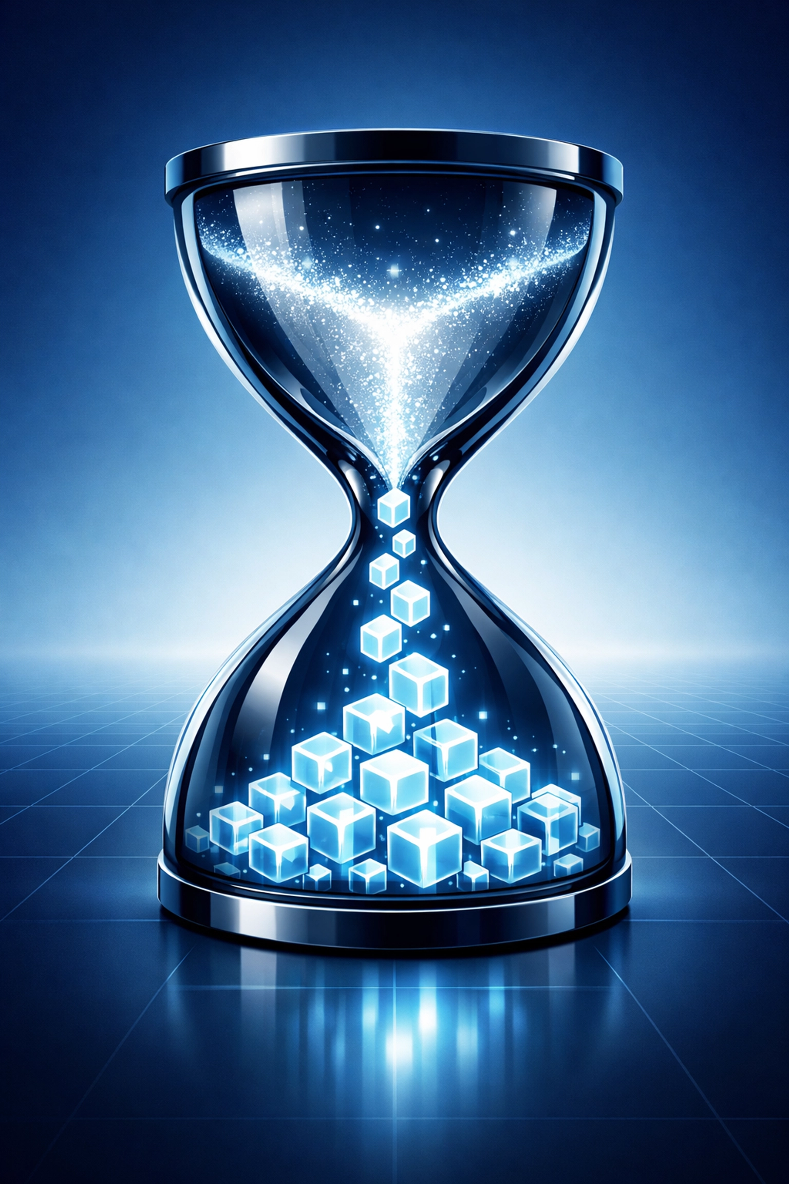 A futuristic hourglass illustrating the transition from billable hours to scalable value-driven AI assets.