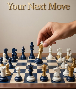 A chessboard with gold and navy pieces