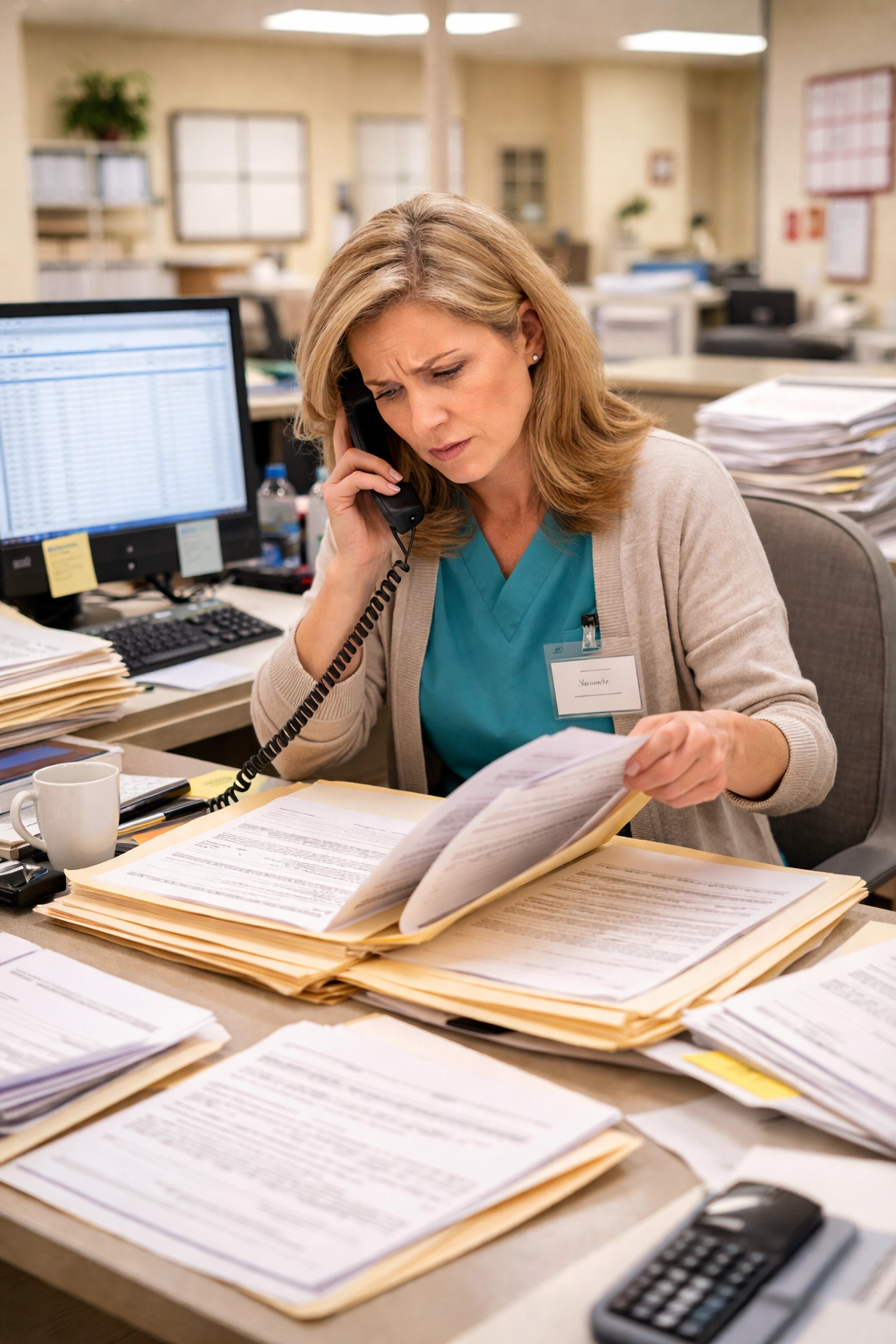 Stressed admissions coordinator managing paperwork for veteran referral process in a skilled nursing facility