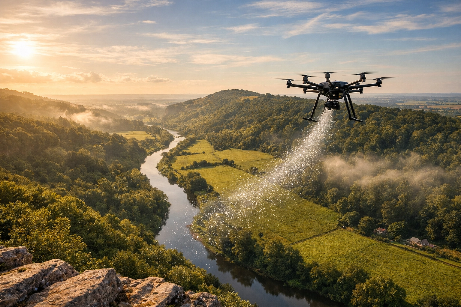Professional drone scattering cremation ashes over the scenic River Wye at Symonds Yat Rock.