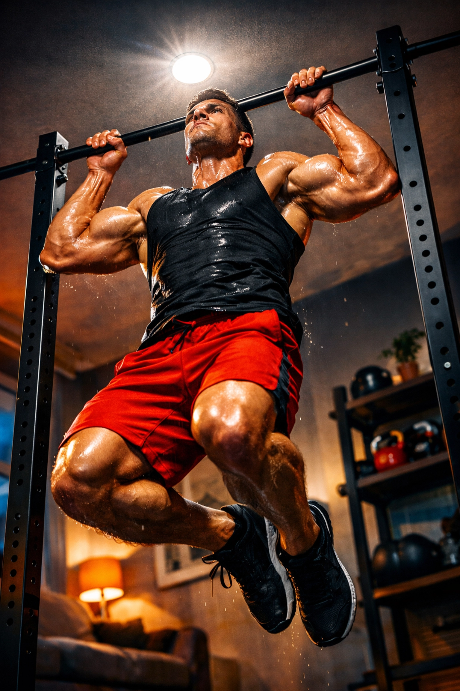 Athlete doing pull-ups on a floor to ceiling Resistance Rail for a full body workout at home.