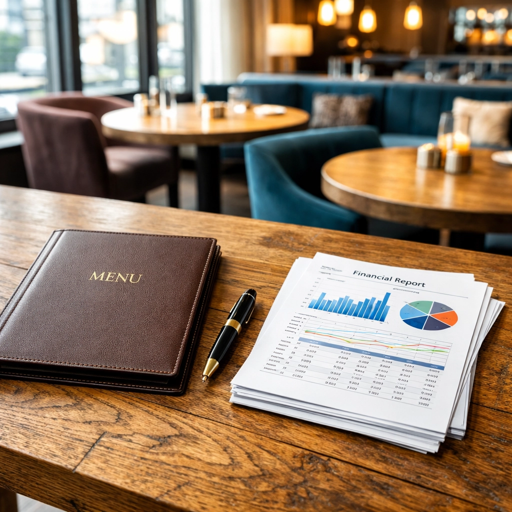 Financial documents and a menu on a restaurant table representing investment and funding.