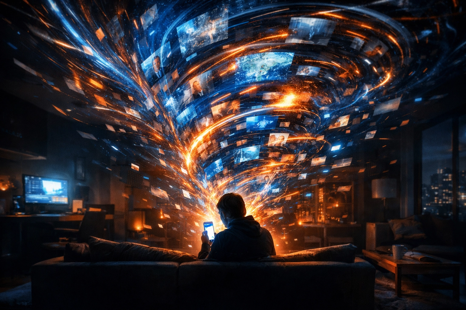 Person overwhelmed by a digital vortex of news and information streaming from a smartphone screen.