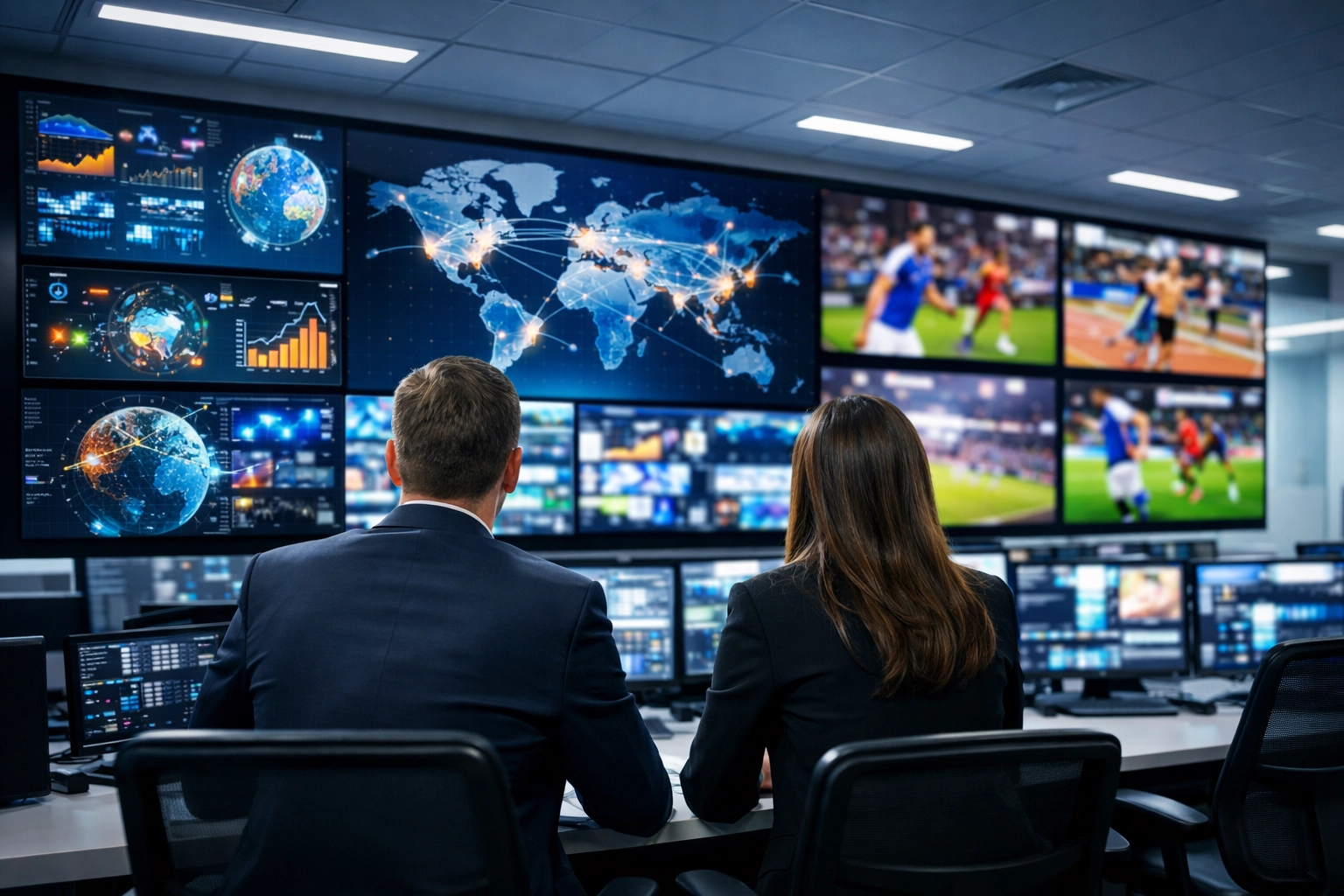 Global media operations center monitoring sports marketing distribution and digital content delivery.