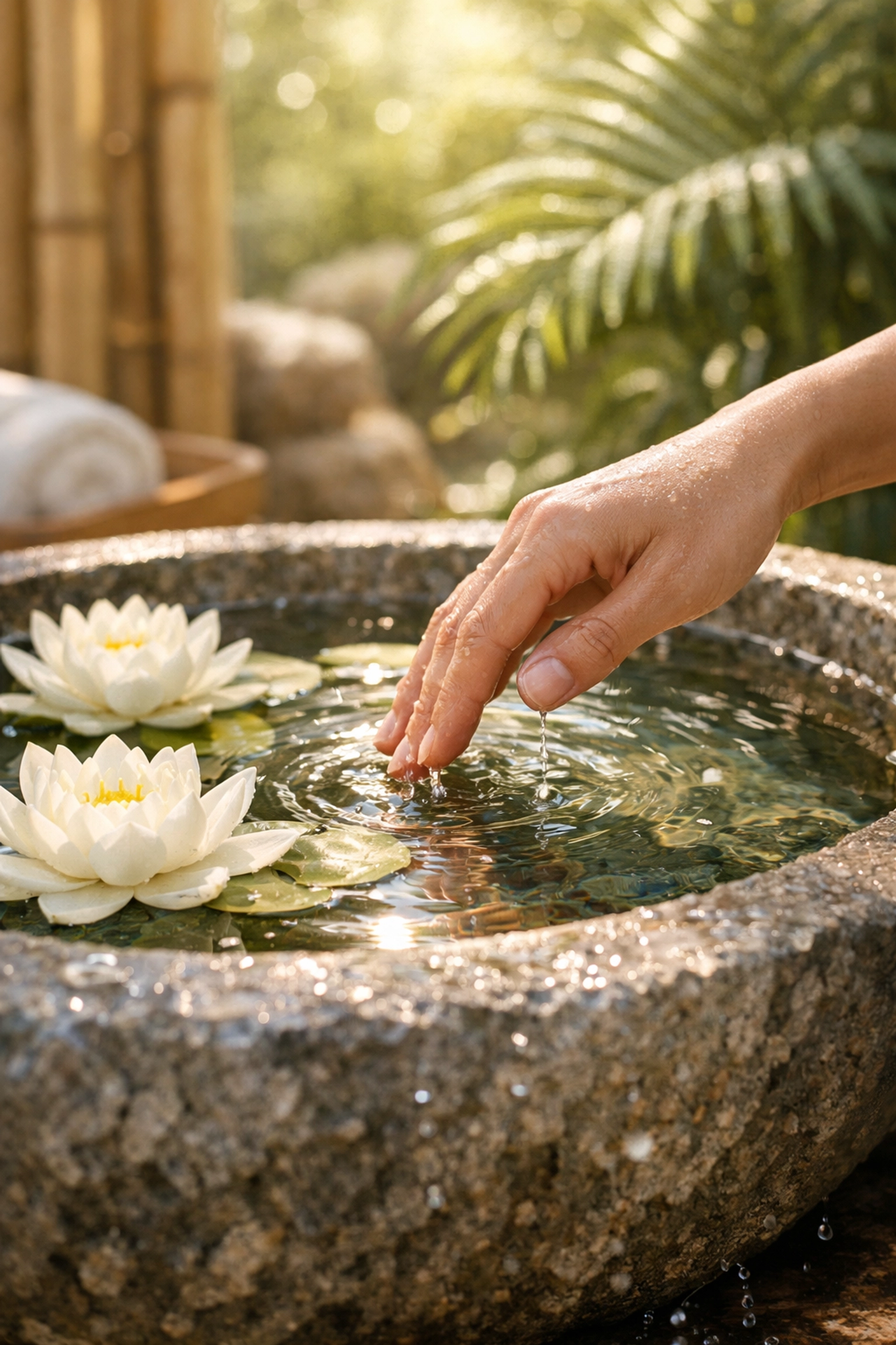 Quiet wellness ritual featuring floating lotus flowers in a stone basin at a luxury spa.