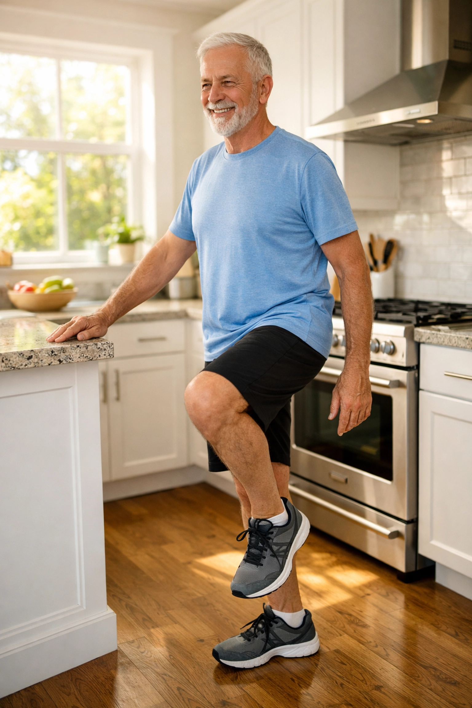 Senior man performing leg strengthening exercise holding kitchen counter for balance