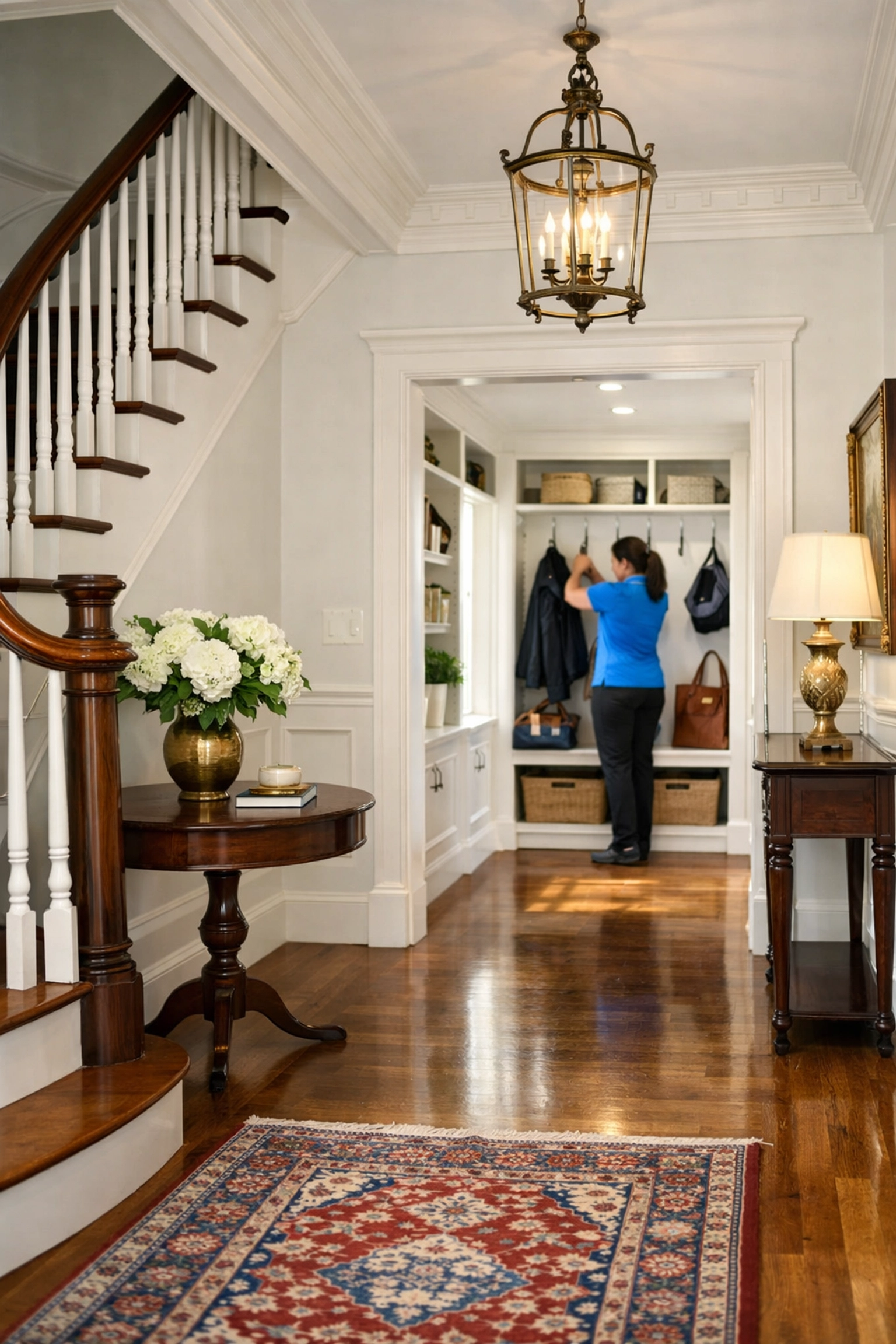 Efficient house cleaning Concord MA in a grand historic estate with spotless white interiors.