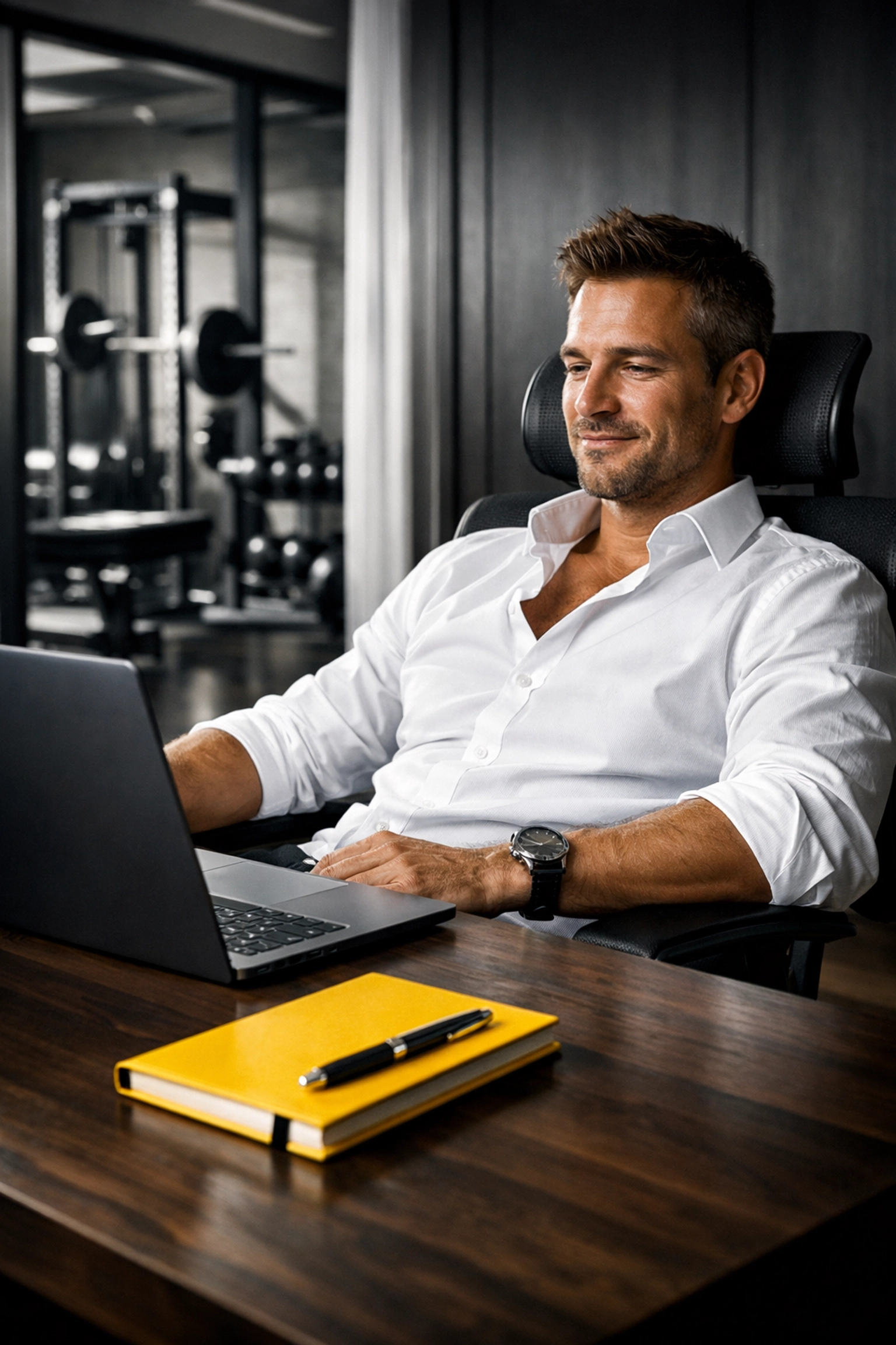 Fitness business owner using marketing systems to get more clients while working from a professional home office.