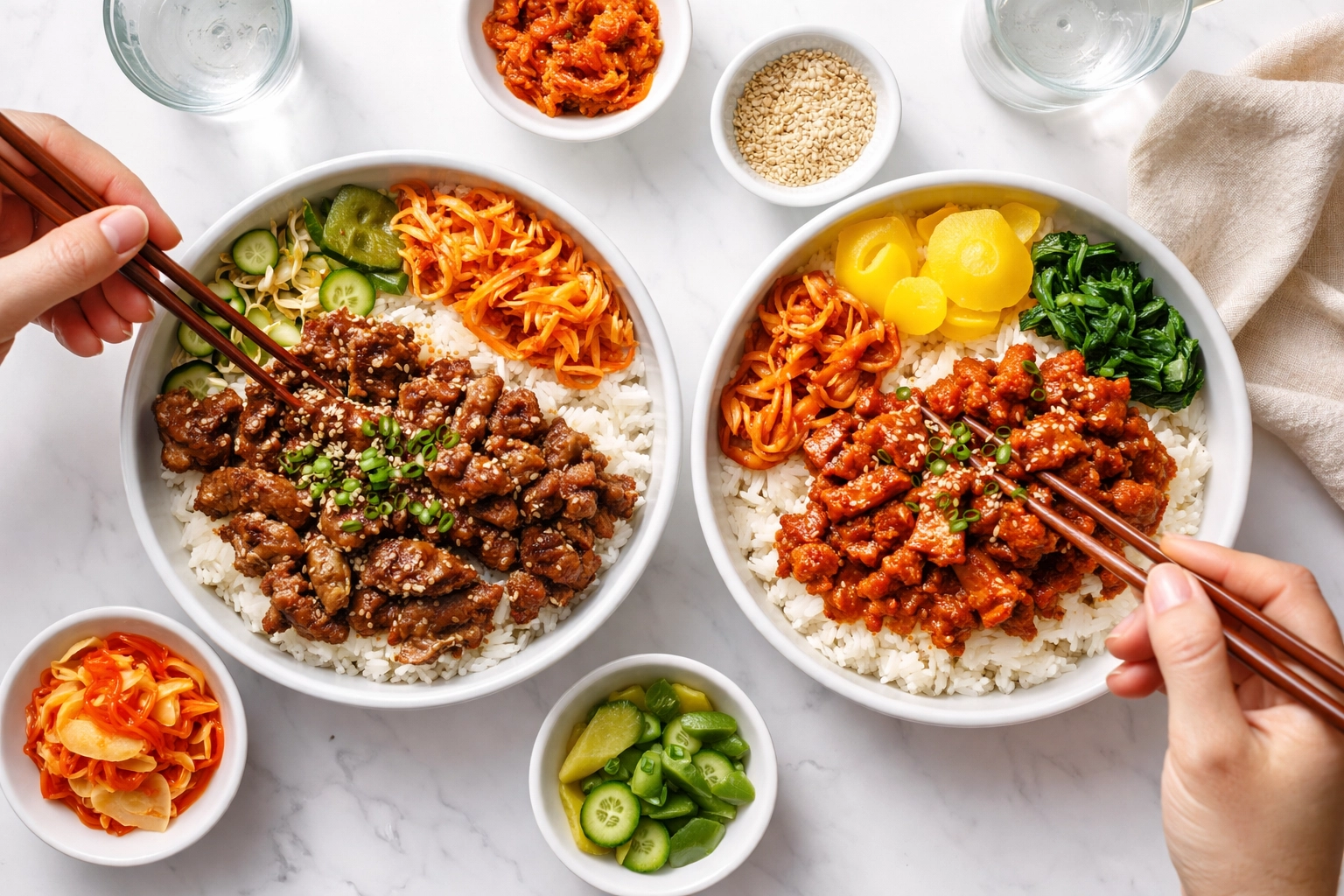 Flat-lay of bulgogi and spicy pork rice bowls being shared, with kimchi and pickled sides, at a Korean food truck