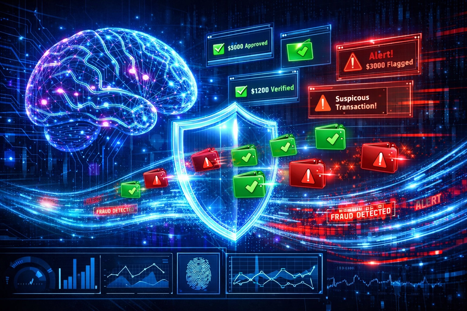 AI-powered fraud detection system analyzing crypto transactions and blocking threats