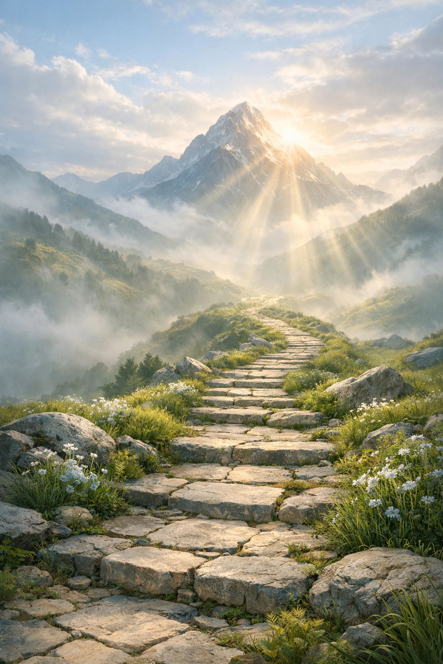 A stone path through a misty valley at sunrise, representing the journey of healing and guidance in faith-based counseling.