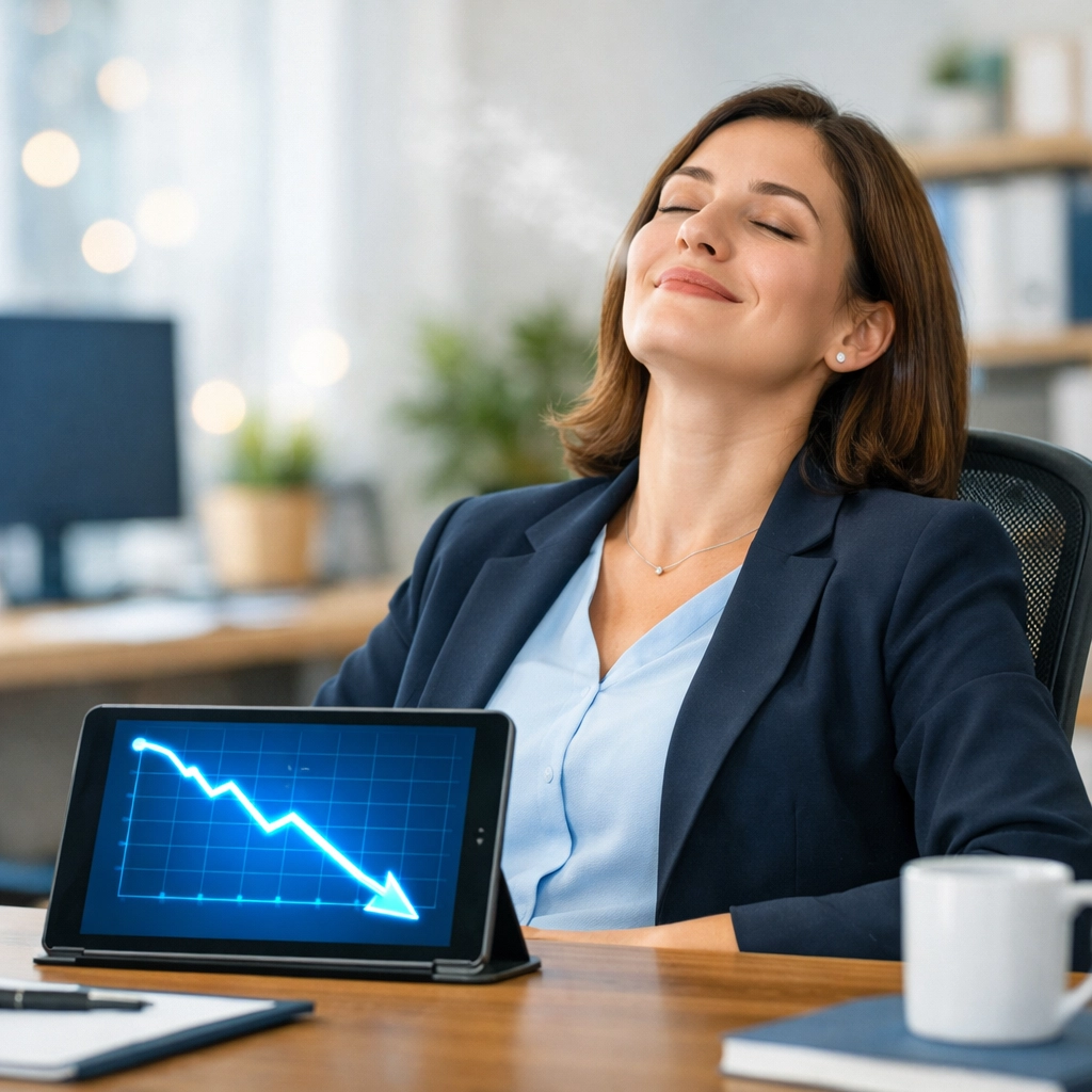 Office manager smiling with relief while viewing a chart showing decreased support ticket volume.