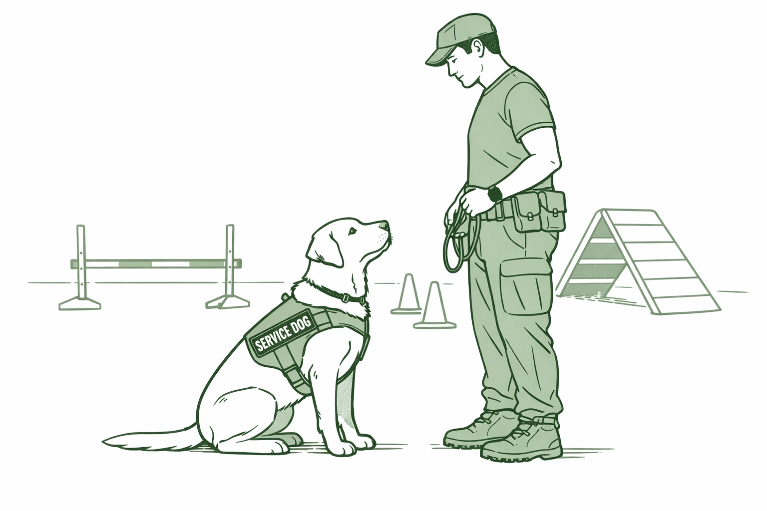 Service dog training session with veteran handler demonstrating PTSD trauma response techniques