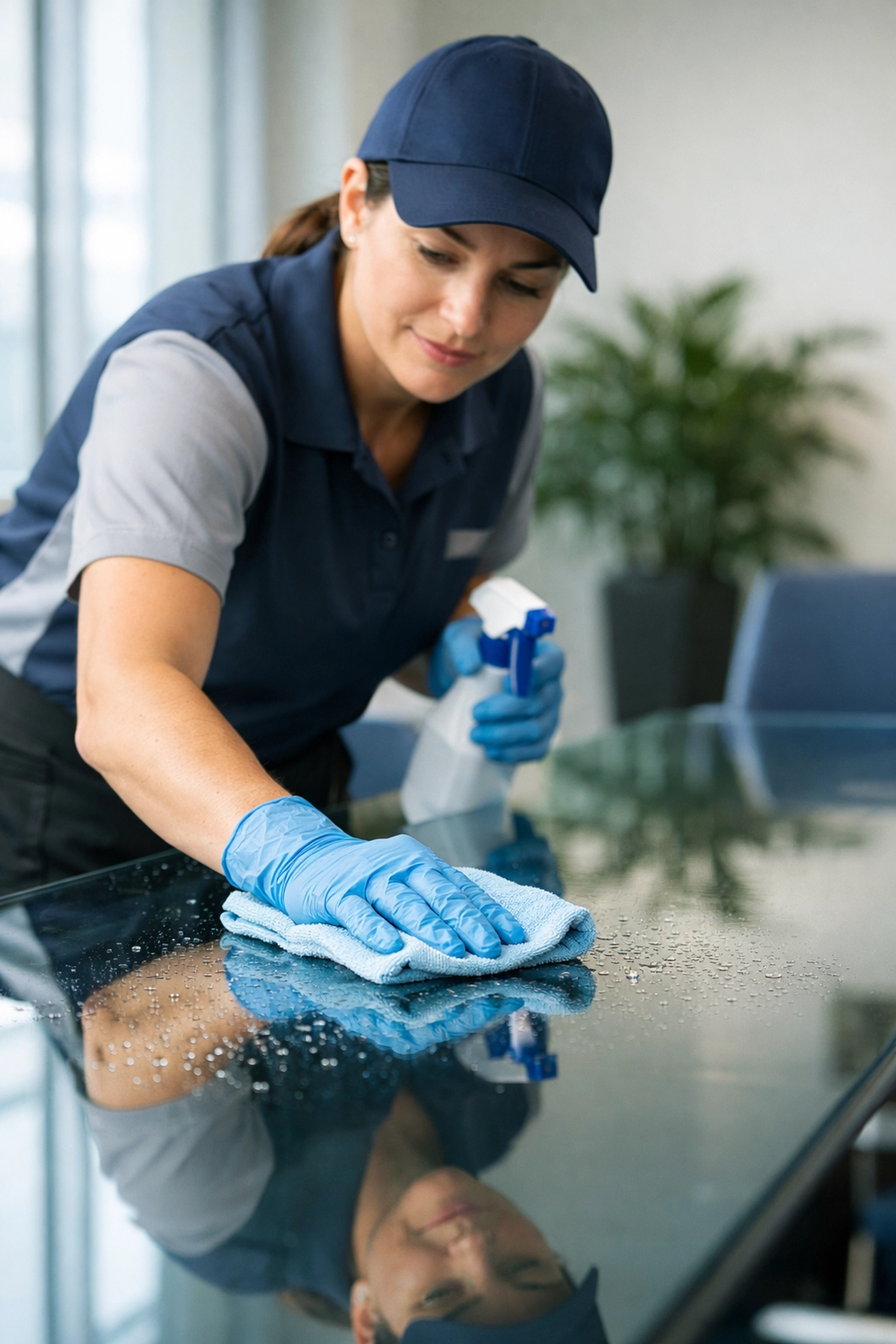 Professional cleaner wiping conference table showing white glove attention to detail