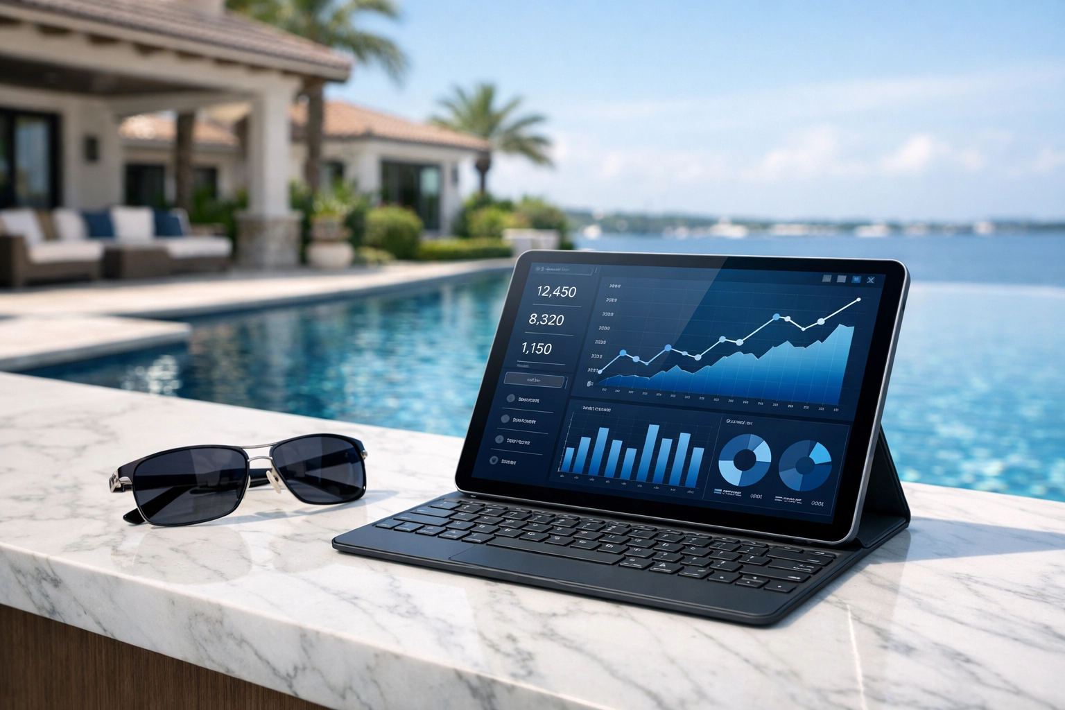 Professional poolside workspace showing business data for Florida pool routes for sale and financial due diligence.