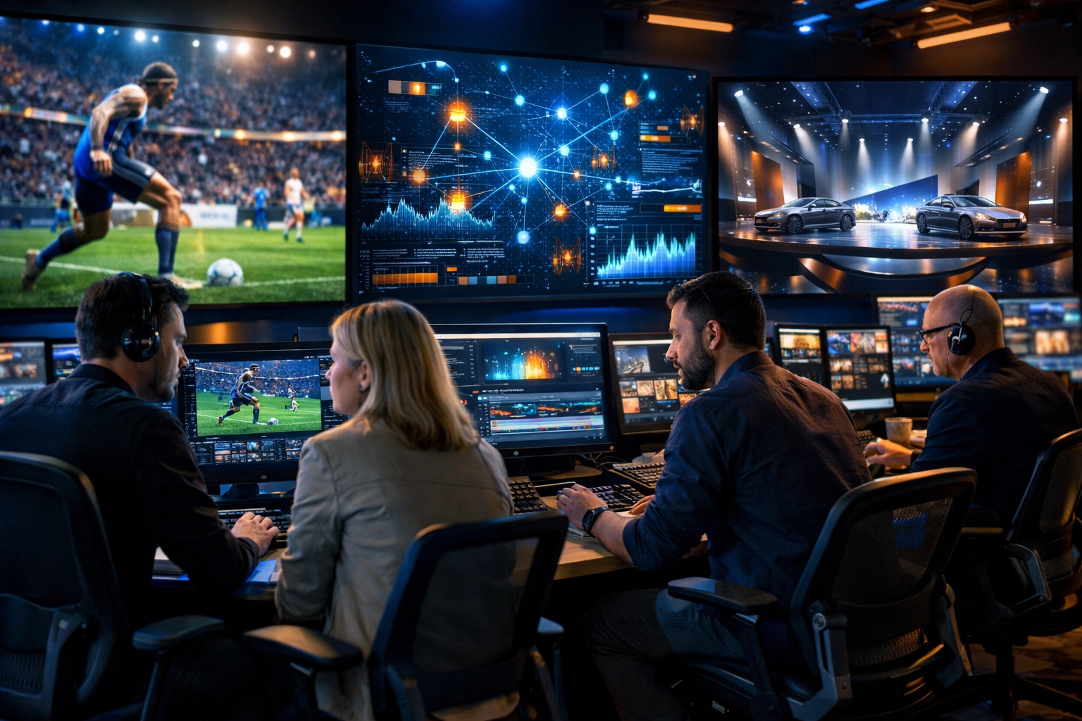 Experts in a media operations center analyzing data for integrated brand partnership frameworks.