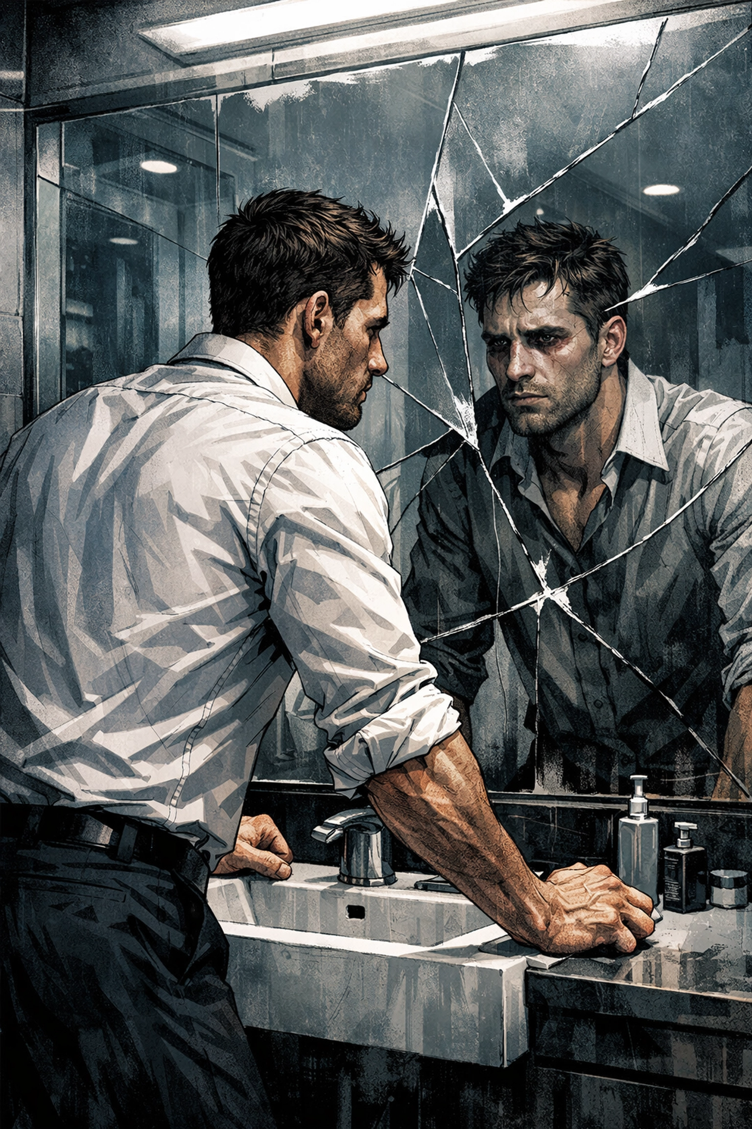Man looking into a fractured mirror reflecting the mental toll and stress of addiction in a gay story.