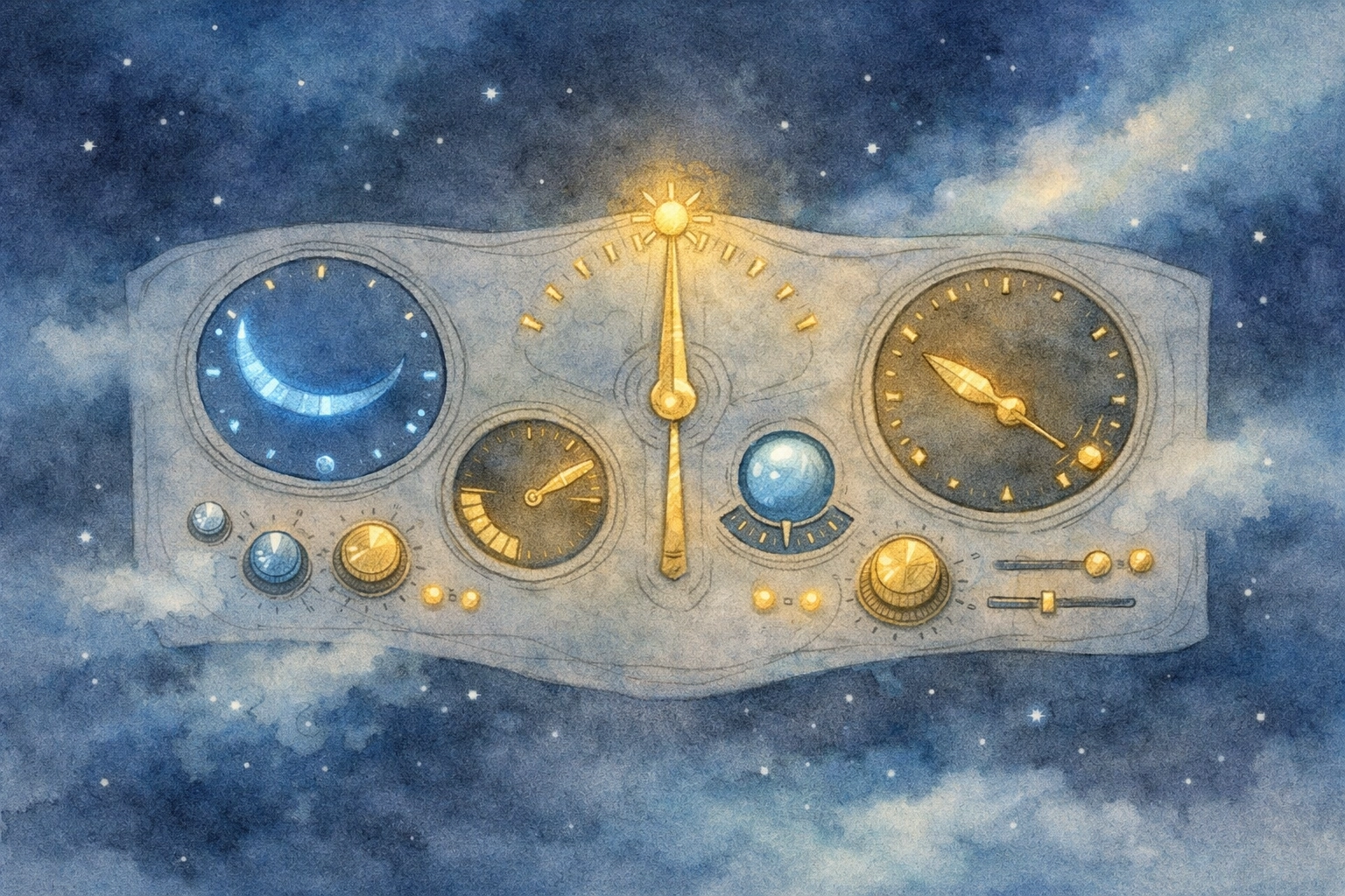 Cosmic control panel with dials representing universal constants in the fine-tuned universe