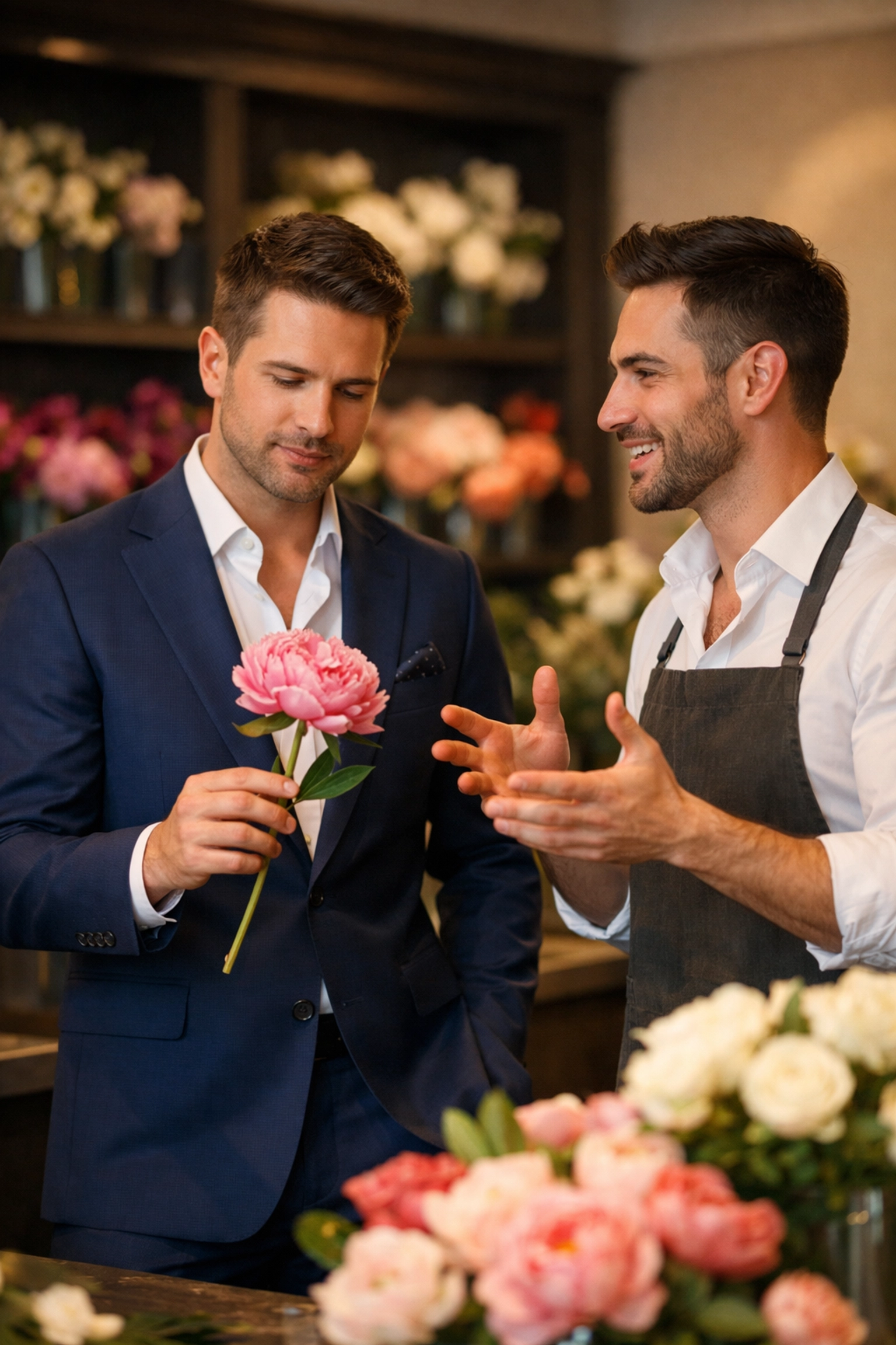 Gay florist consulting wealthy client on rare peonies in upscale flower shop