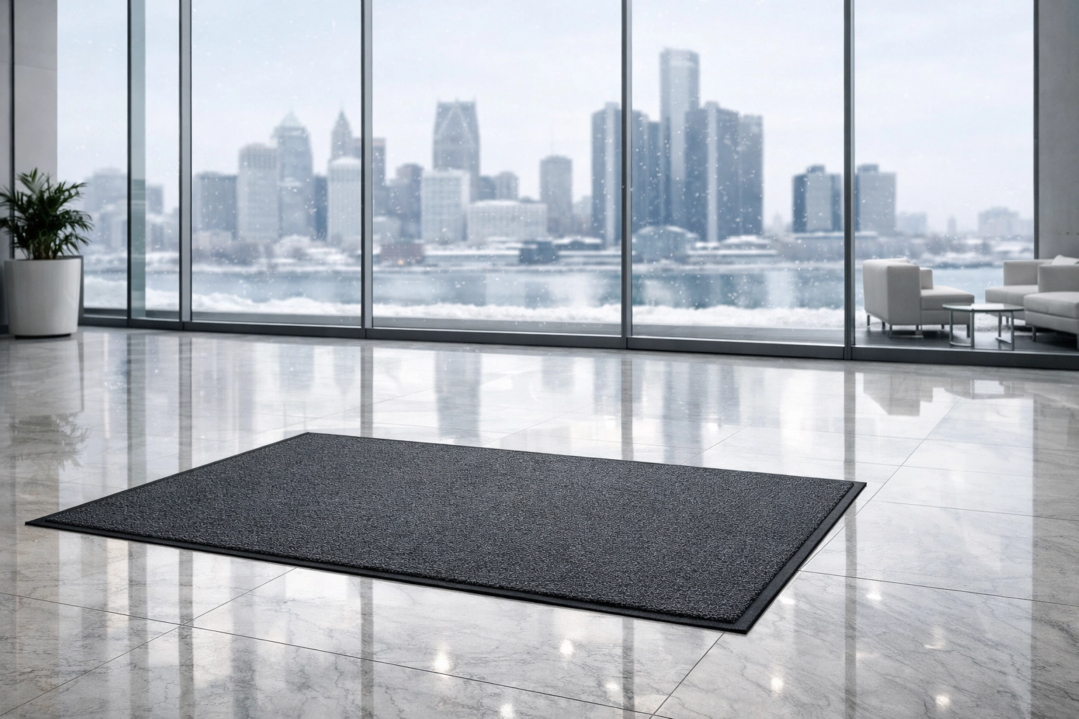 Professional floor maintenance in a Detroit office lobby featuring heavy-duty mats for winter slush protection.