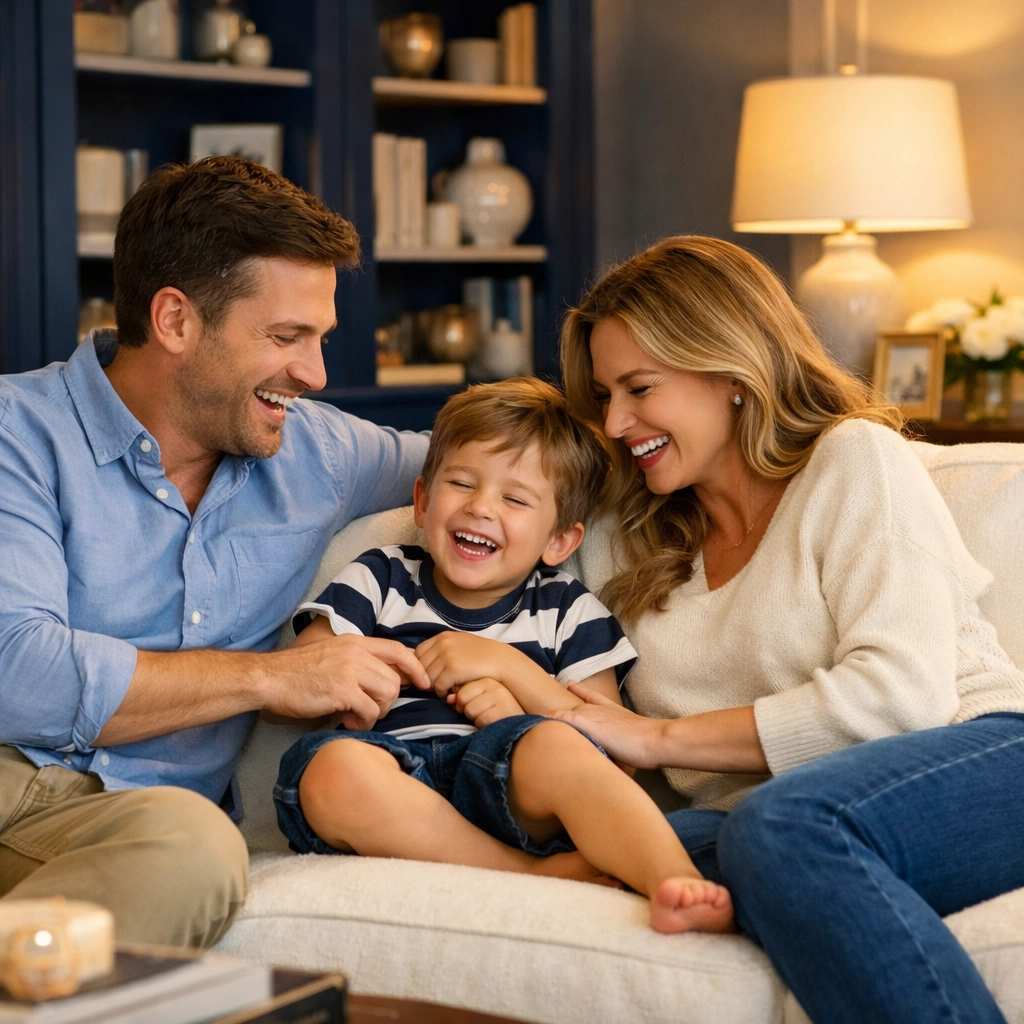 A happy family relaxing in their dust-free living room after expert deep cleaning in Sharon.