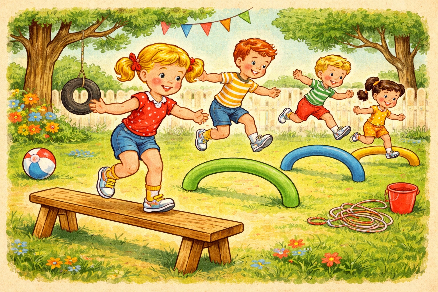 Children balancing on a wooden beam and jumping hurdles in a colorful backyard obstacle course