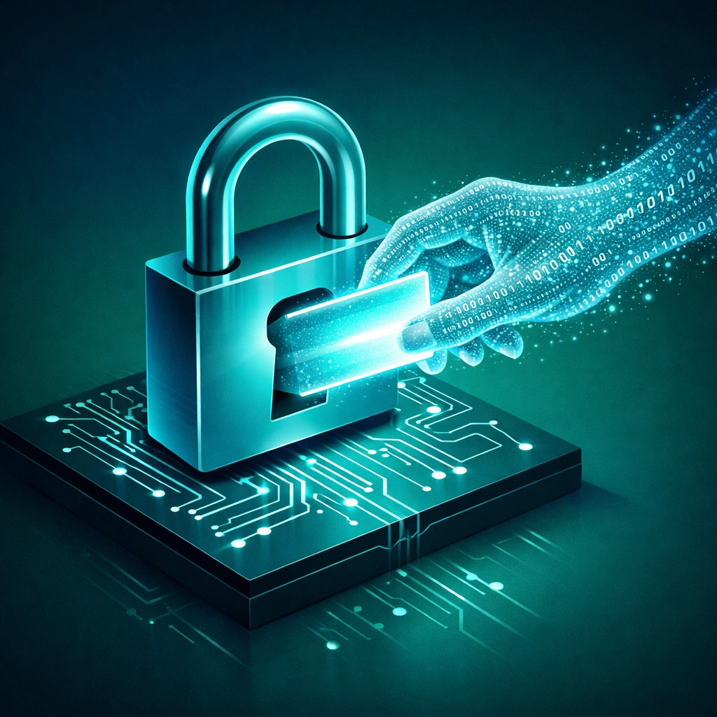 Cybersecurity graphic showing a digital hand stealing a session token to bypass a locked multi-factor authentication pad.