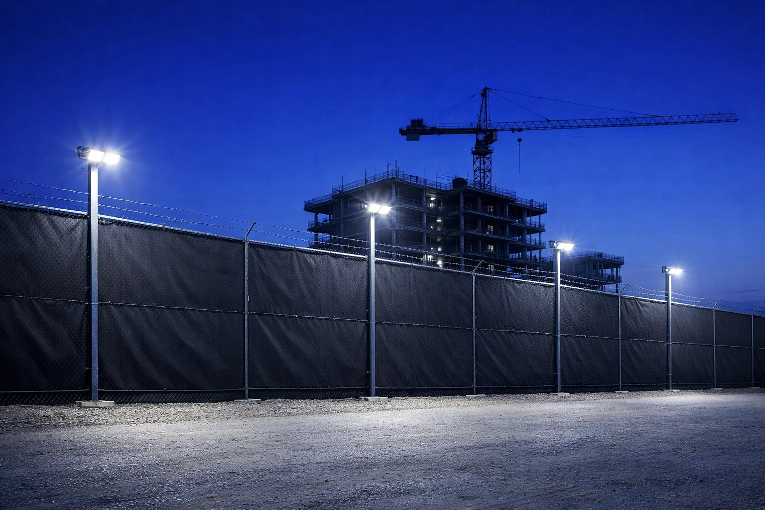 Secure construction site perimeter fencing illuminated by bright LED security floodlights at night.
