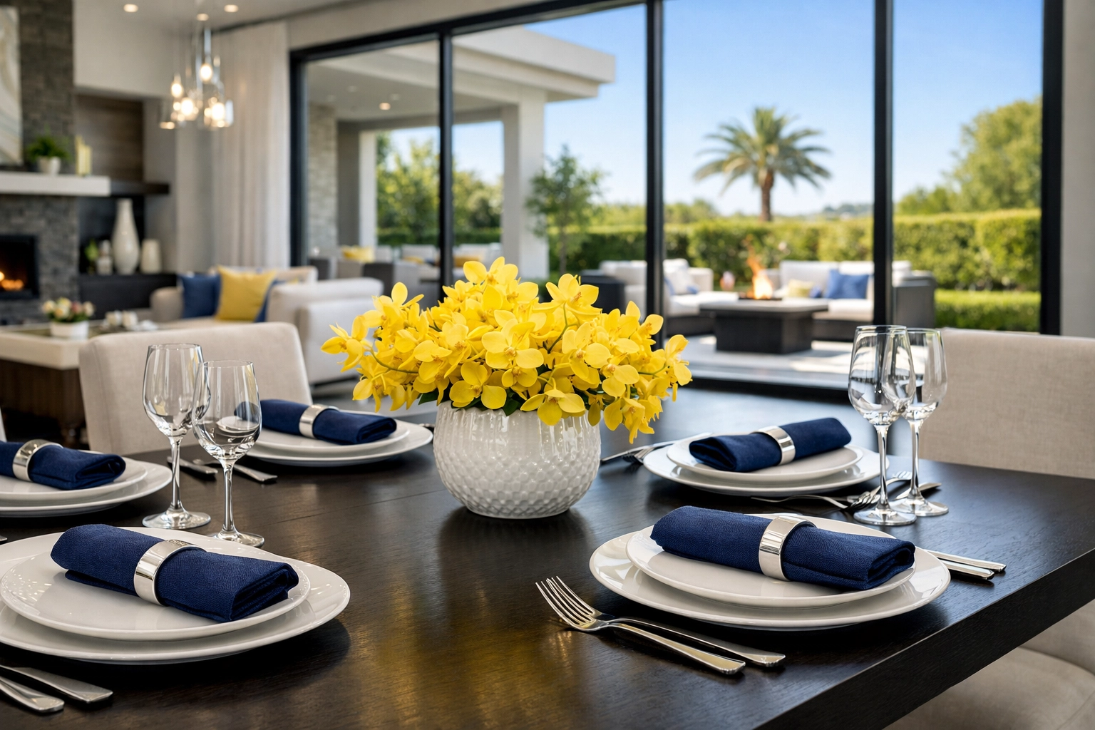 Professionally staged dining room with a dust-free table and clear windows looking out to a patio.
