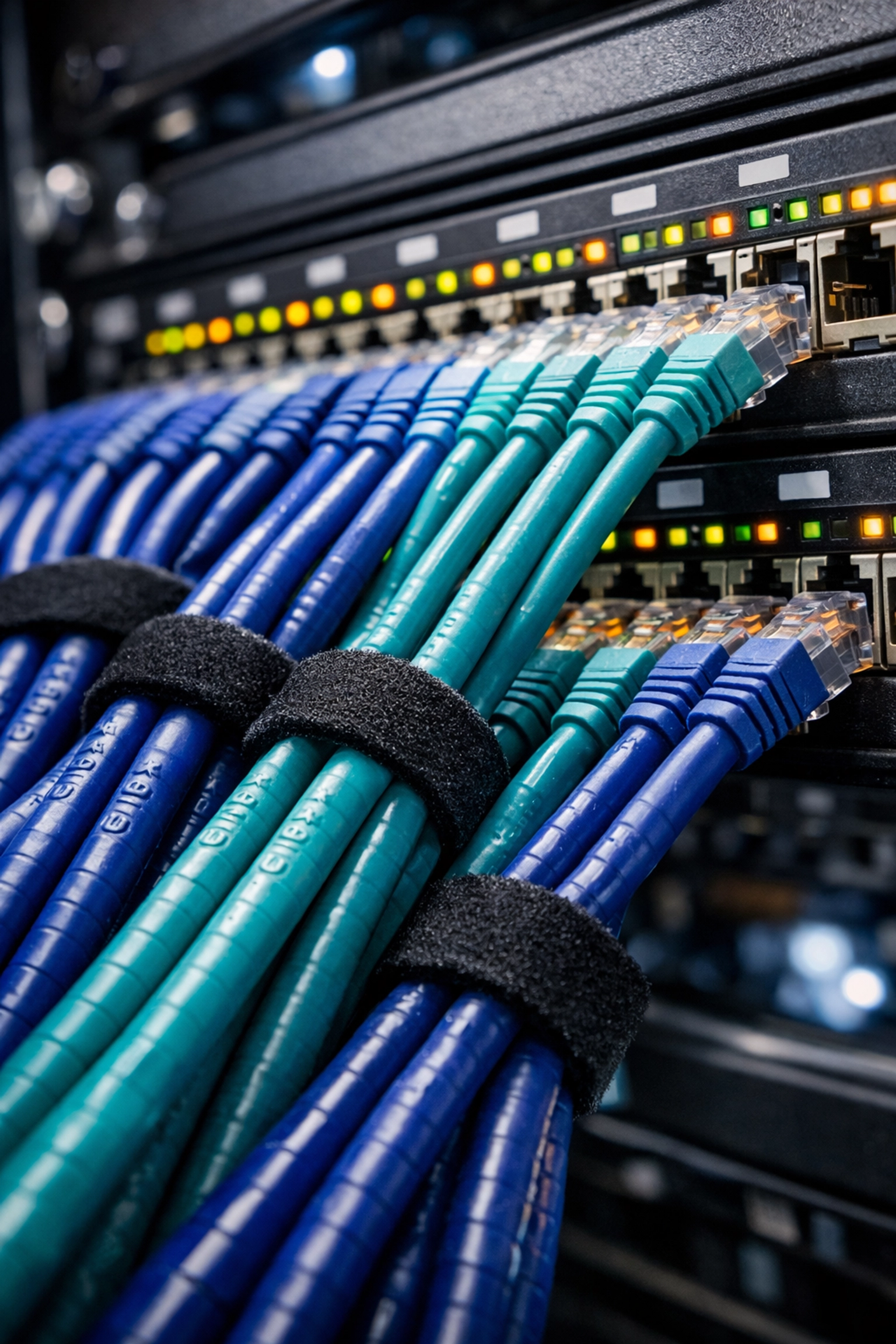 Organized network cables in a server room highlighting professional structured cabling services in Canada.