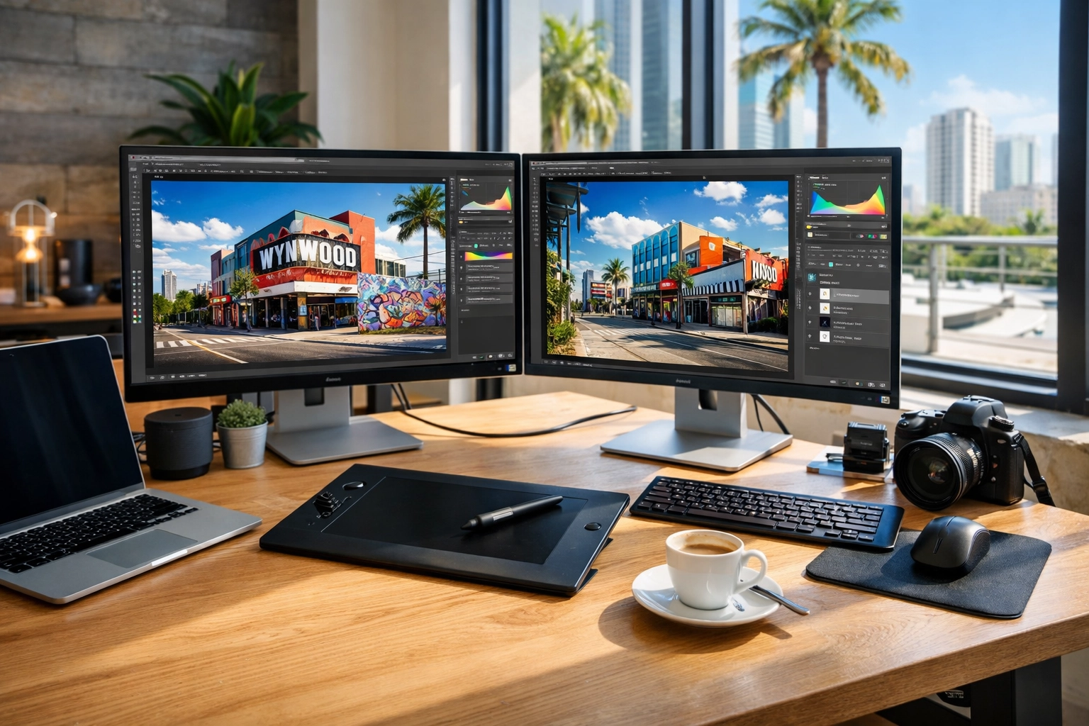 Professional digital workflow for miami photography services in a modern, sunlit studio workspace.