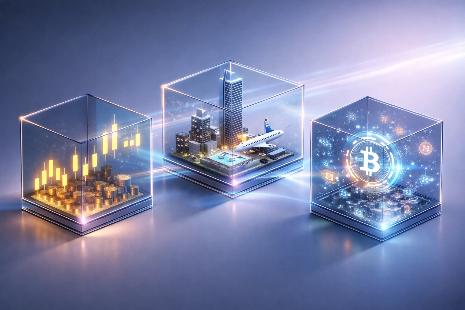 Three interconnected cubes symbolizing public markets, real estate, and Bitcoin for a diversified investment strategy.