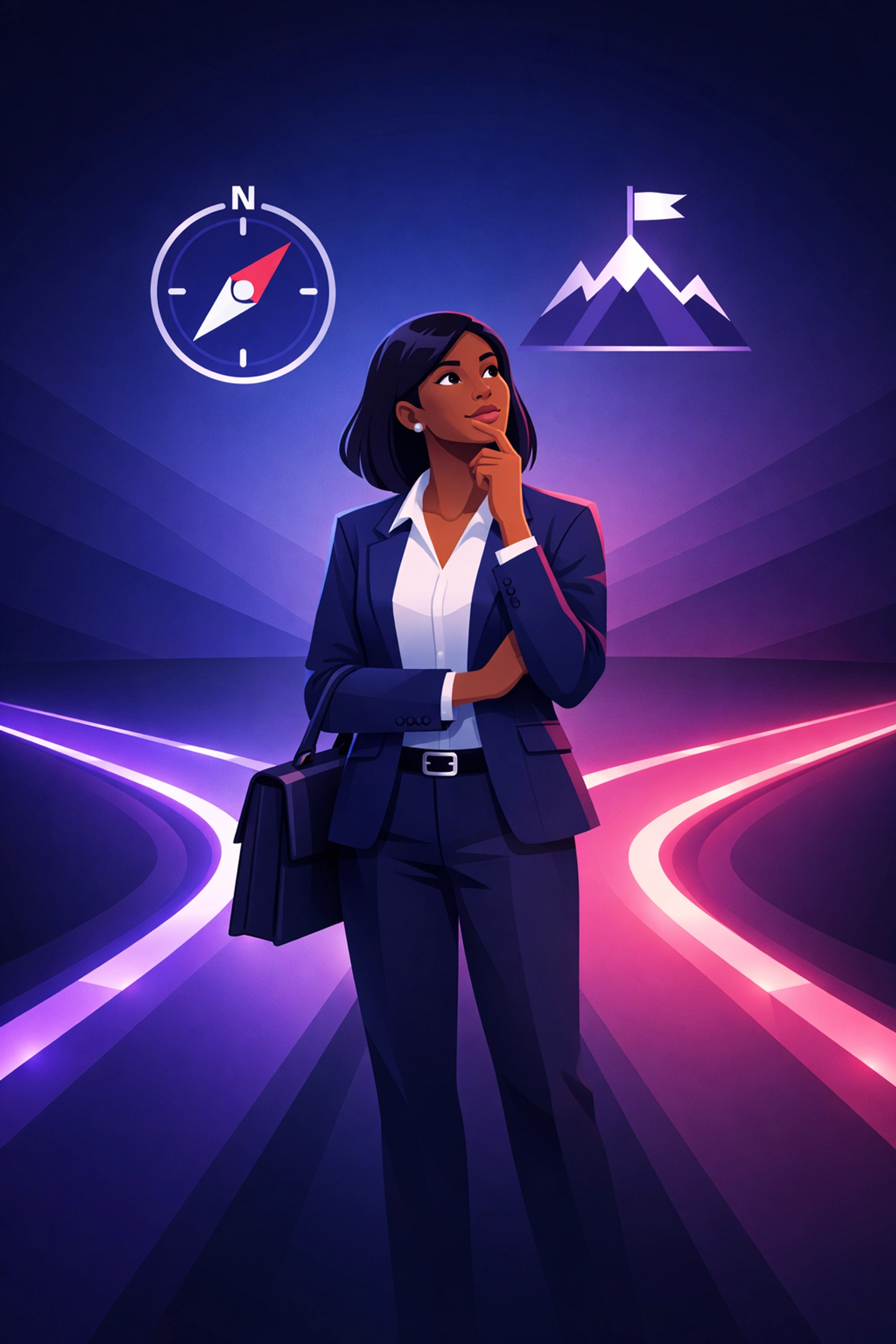 Professional woman visualizing strategic networking goals and business consulting objectives at a digital crossroads.