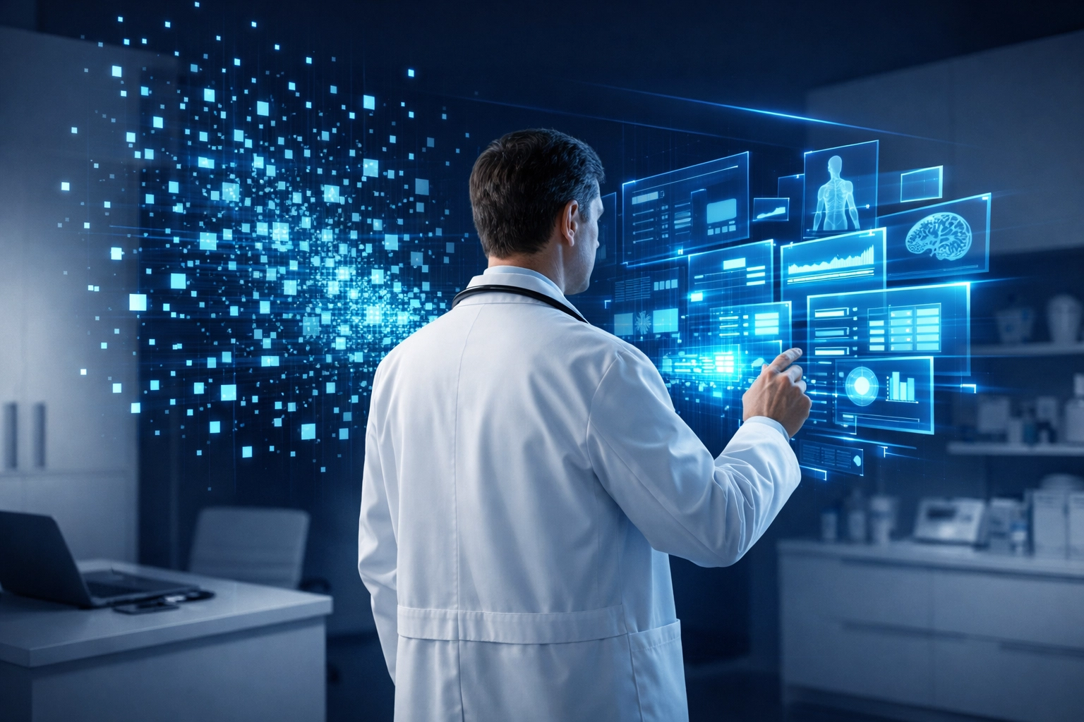 Arzt nutzt Praxismanagement KI zur effizienten Datenerfassung und Entlastung im Gesundheitswesen.