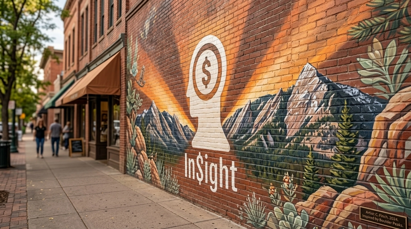 A high-resolution, naturalistic photograph of a vibrant street mural in Boulder, Colorado, showcasing realistic textures and soft lighting.