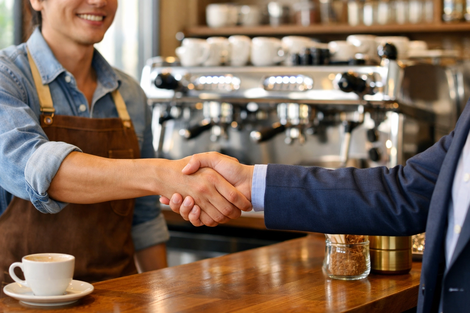 Coffee roaster and café owner partnership handshake agreement in specialty coffee shop